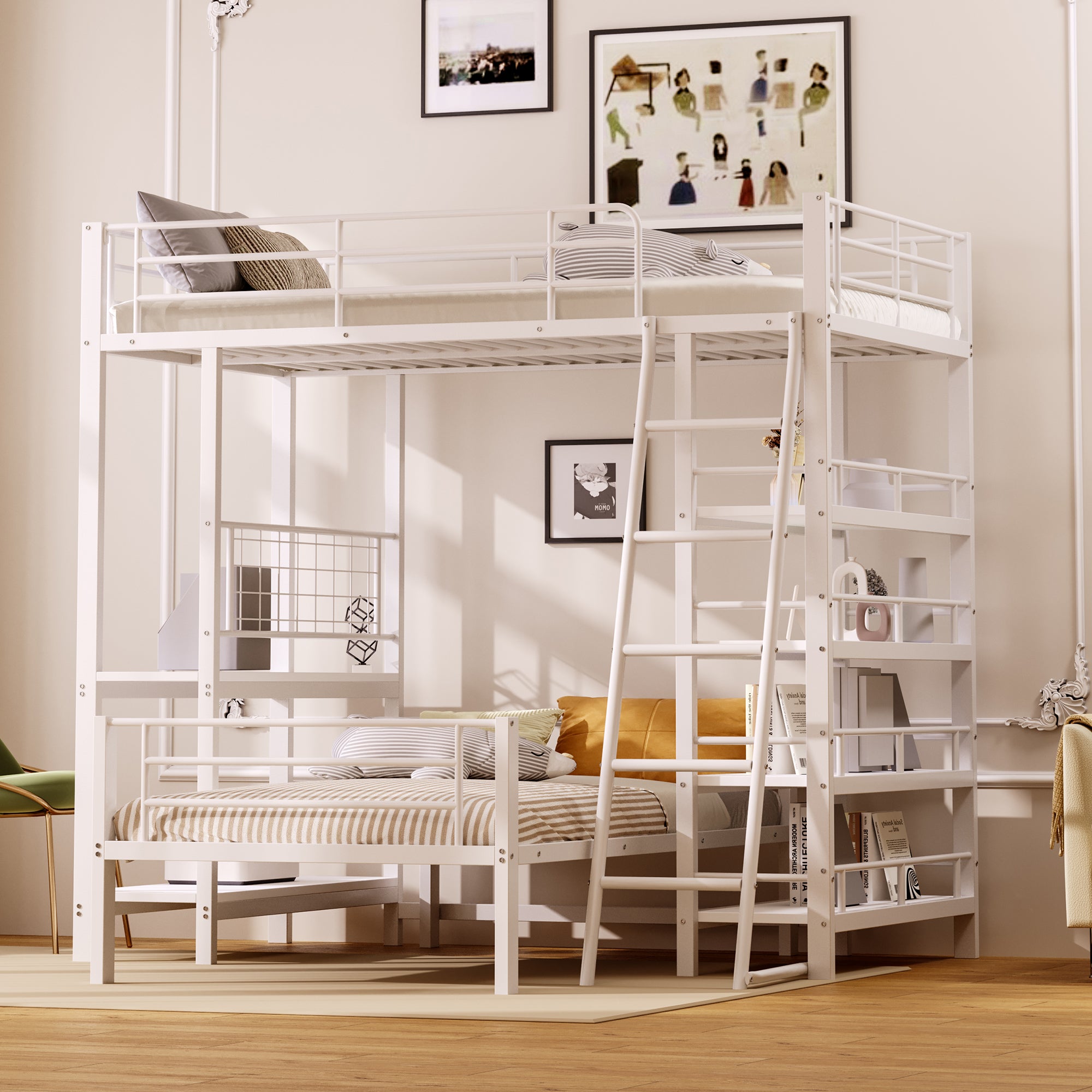 Bunk Bed, Metal Frame Loft with Storage, White