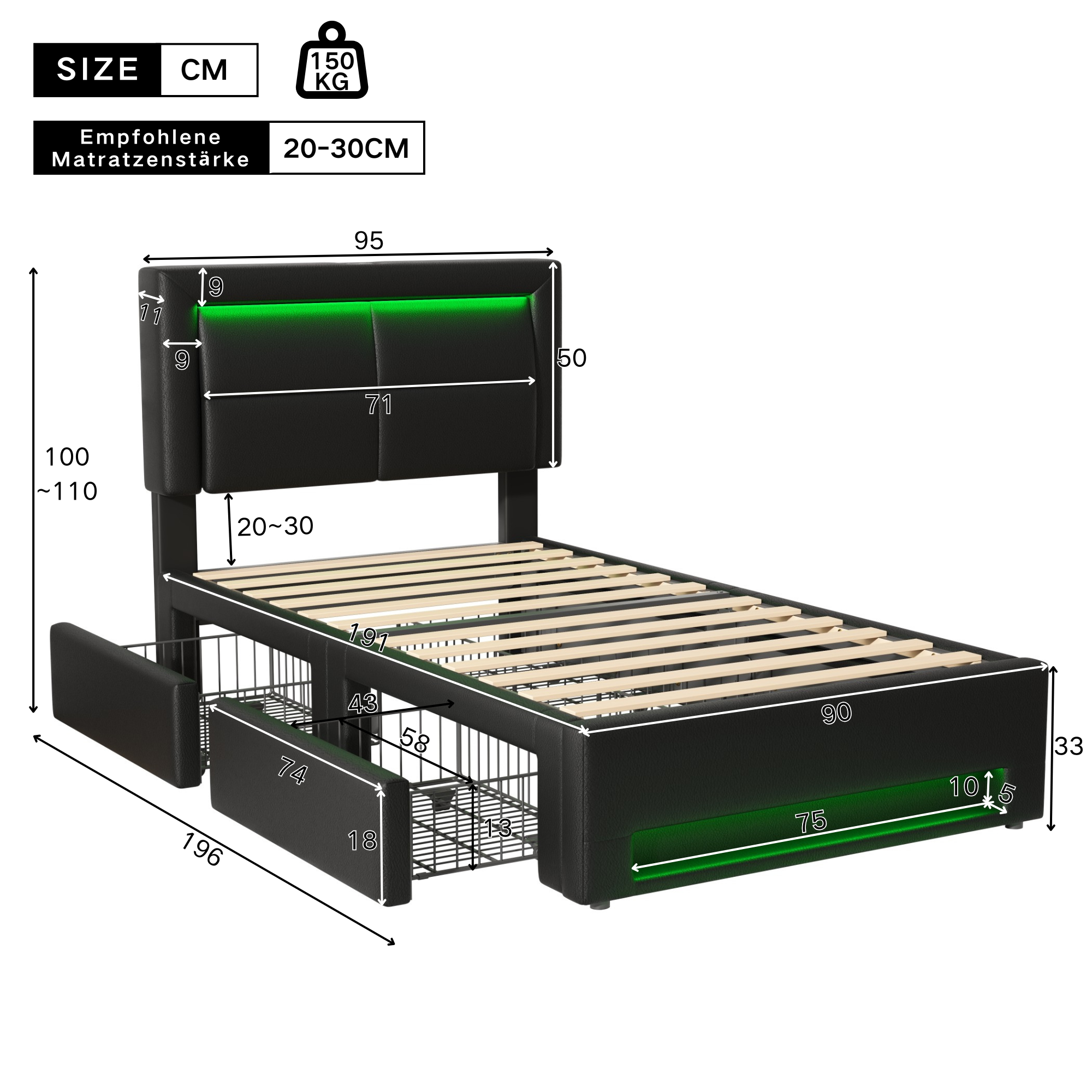 Upholstered Bed 90x190cm USB Charging LED Lighting 4 Drawers - PU Lychee Black