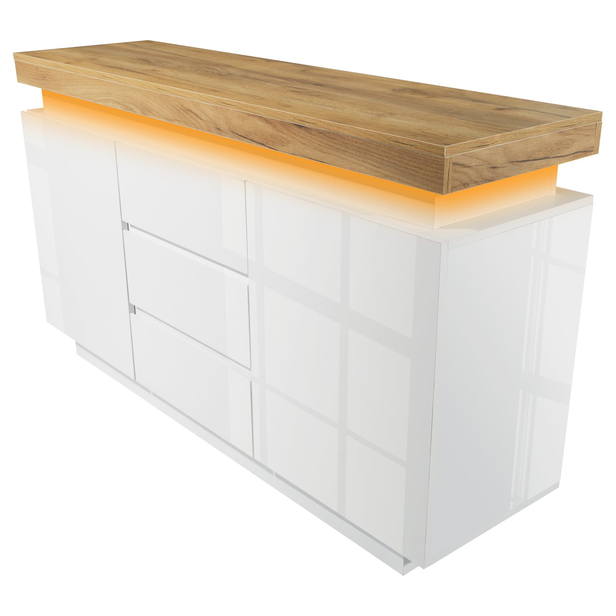 Chest of Drawers, High-Gloss Sideboard with 2 Doors & 3 Drawers, LED Lighting, White