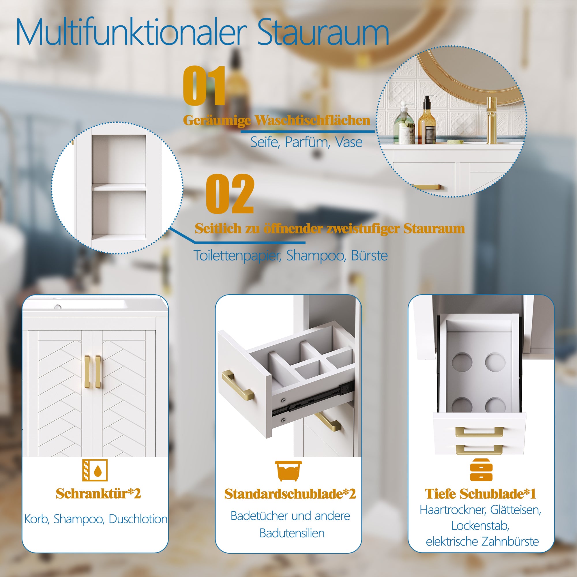 Bathroom Vanity Unit with Ceramic Sink and Side Storage Shelf, White