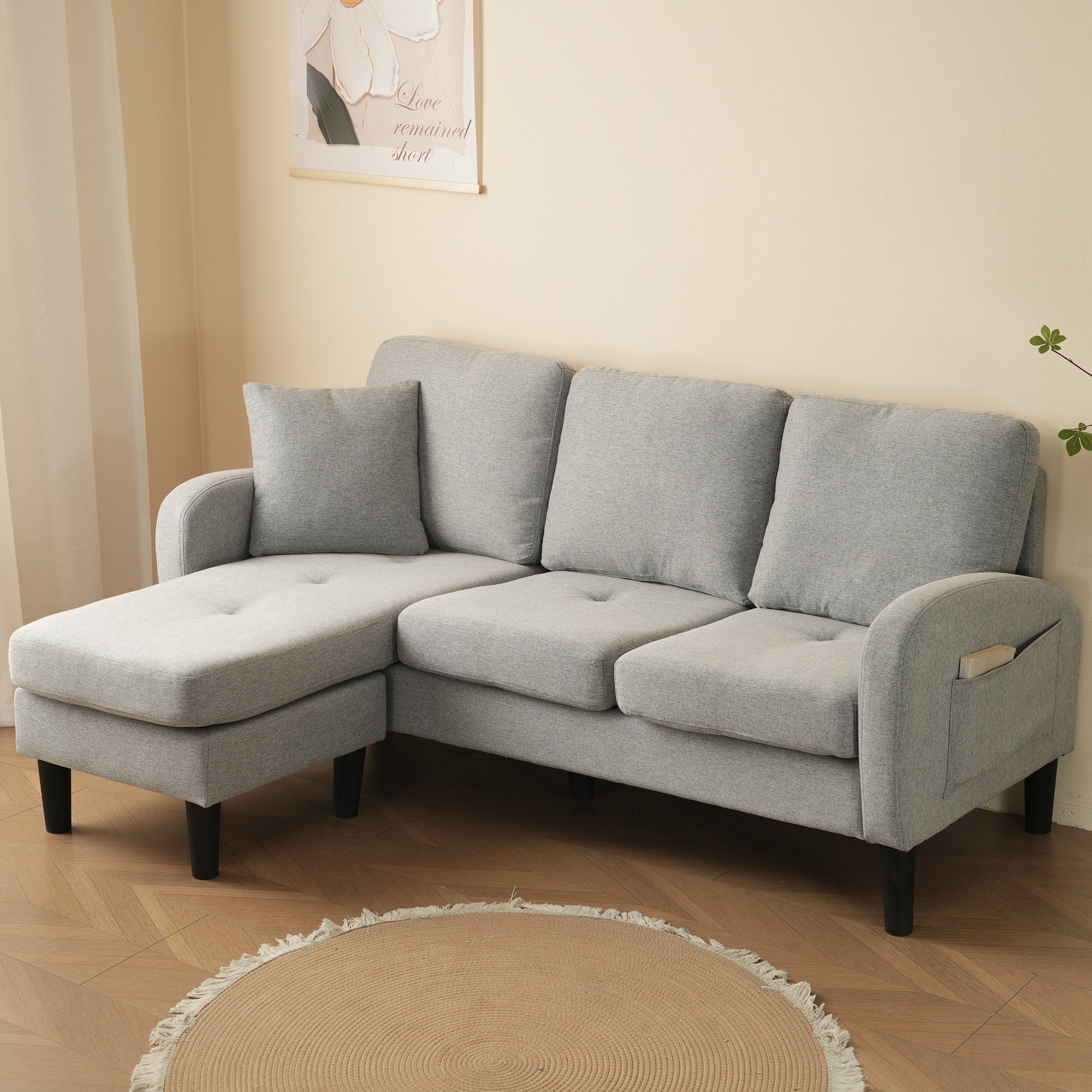 L-shaped Corner Sofa, 3-Seater with Chaise Longue, Modular, Cotton Linen