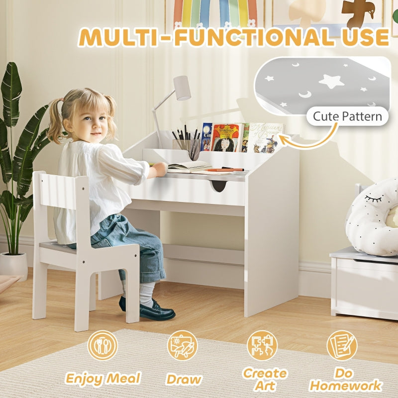 Children Study Table and Chair Set, Desk with Storage and Pull-Out Drawer for Ages 3-6, Grey