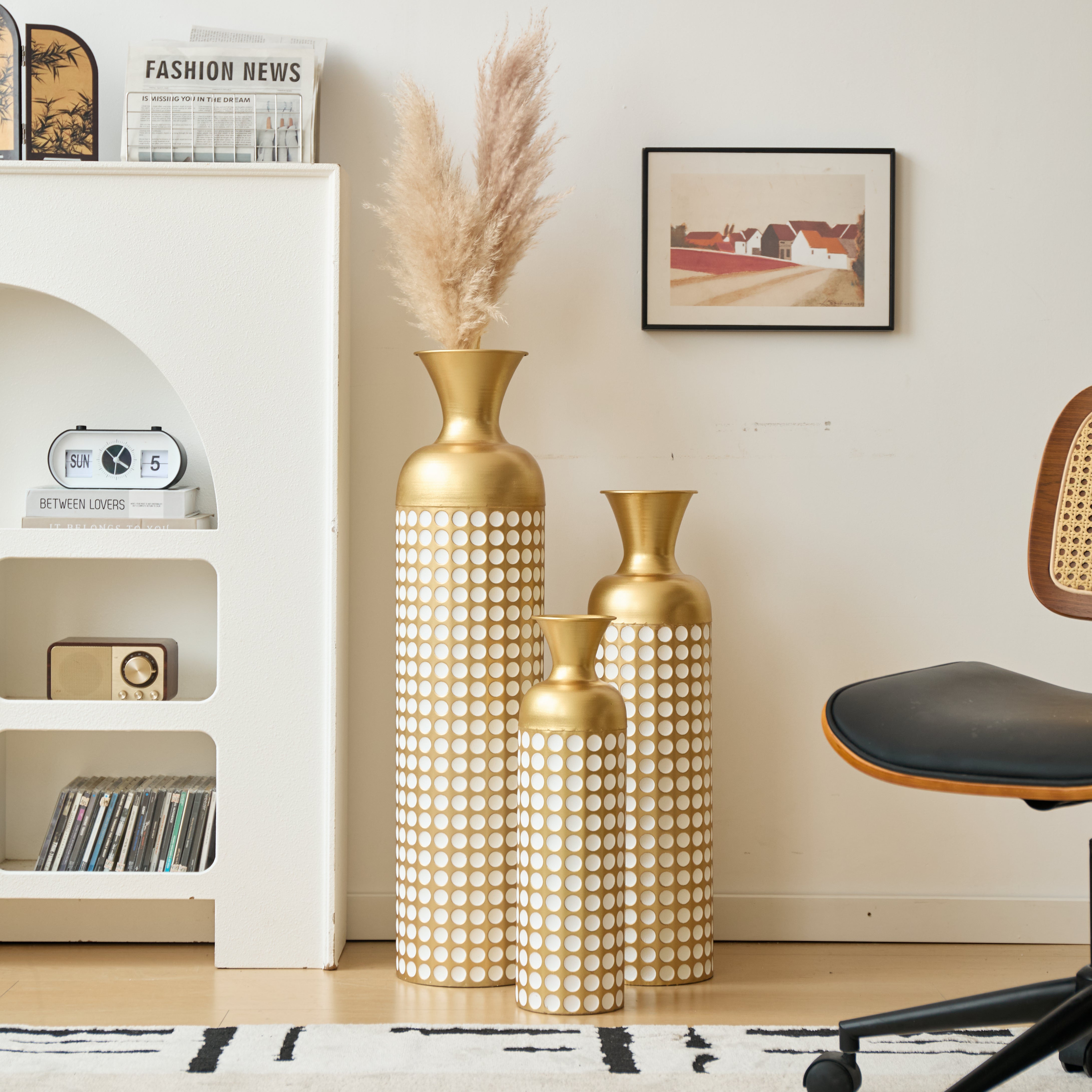 Floor Vase Set, 3 High Retro Vases 83/65/50cm, Decorative Metal Antique Gold