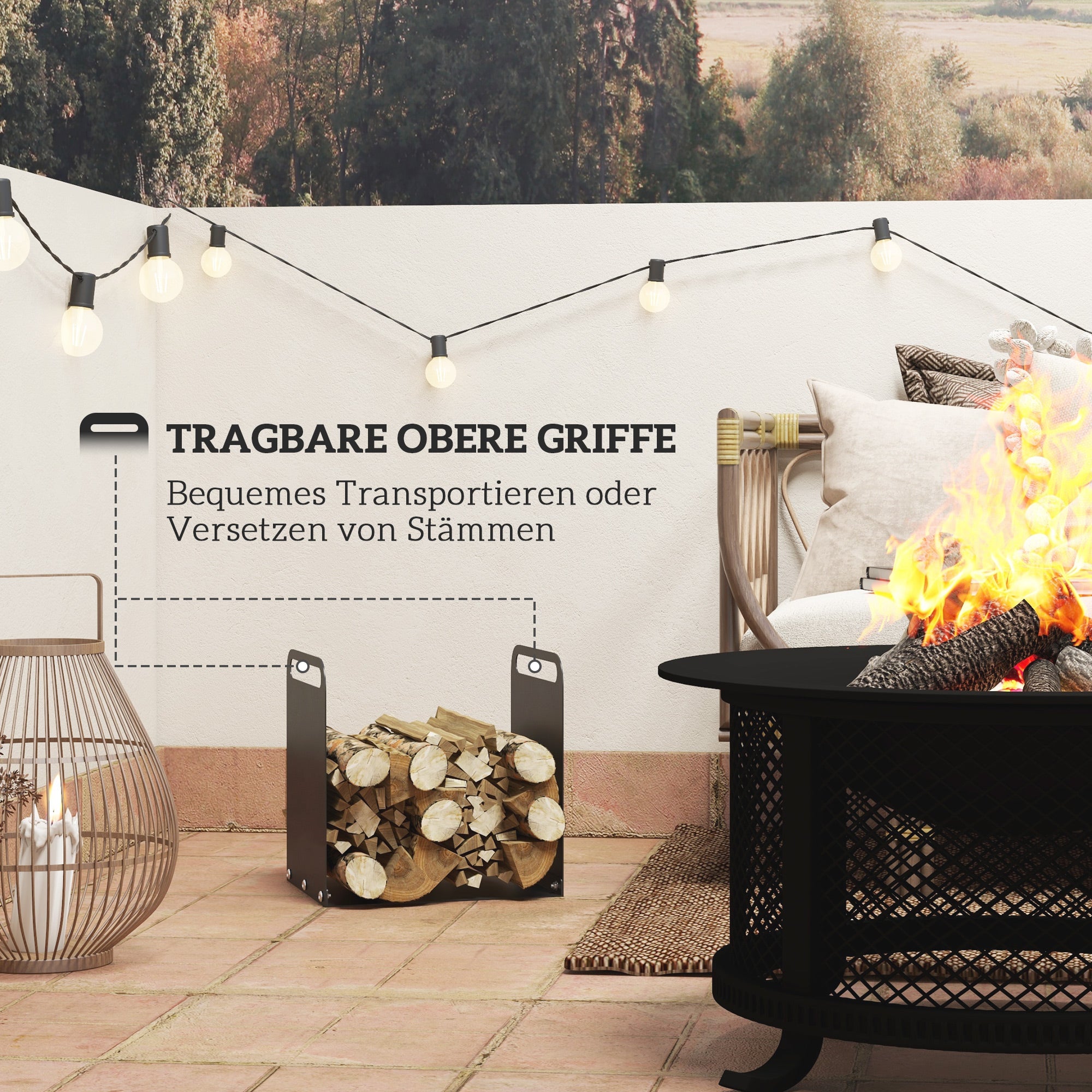 Firewood Rack 36.5x30x36cm with Handles, Indoor/Outdoor, 30kg, Black Steel