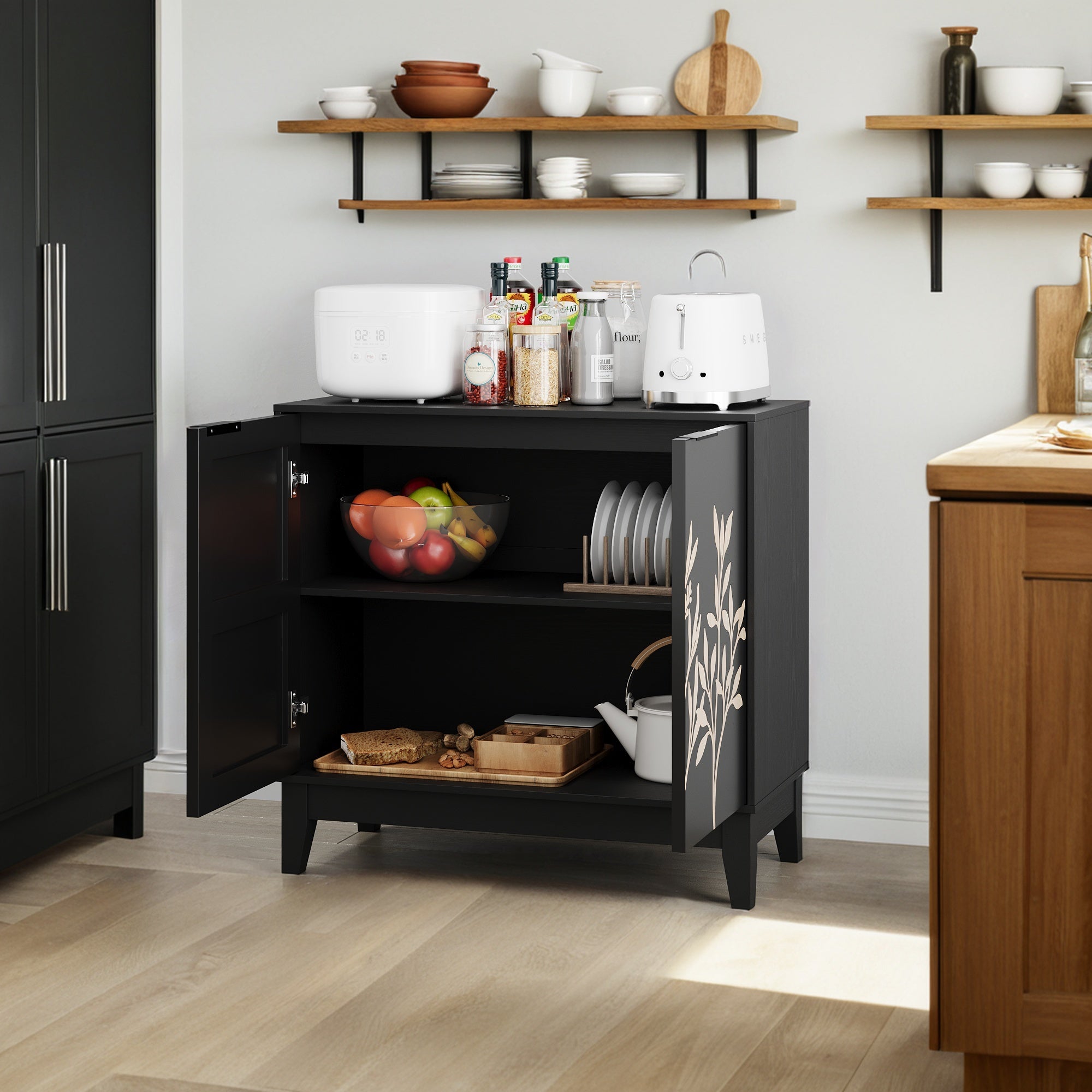 Vintage Buffet Cabinet, 80cm, 2 Doors, Adjustable Shelves, Carved Wood