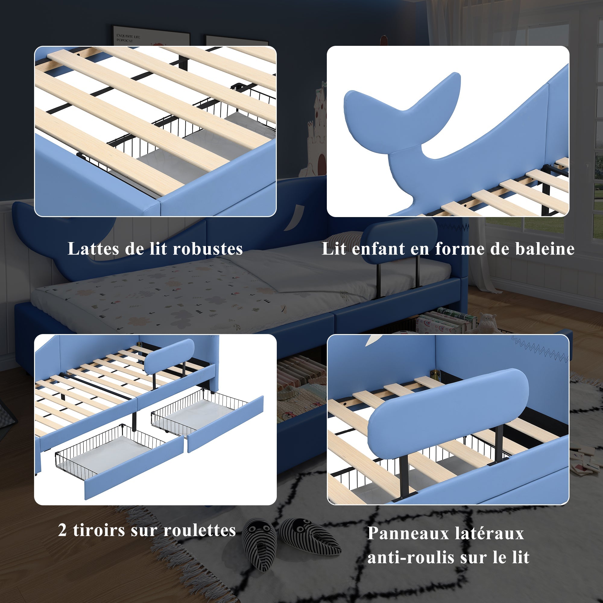 Children's Splicing Bed, Upholstered Daybed with 2 Drawers, Blue