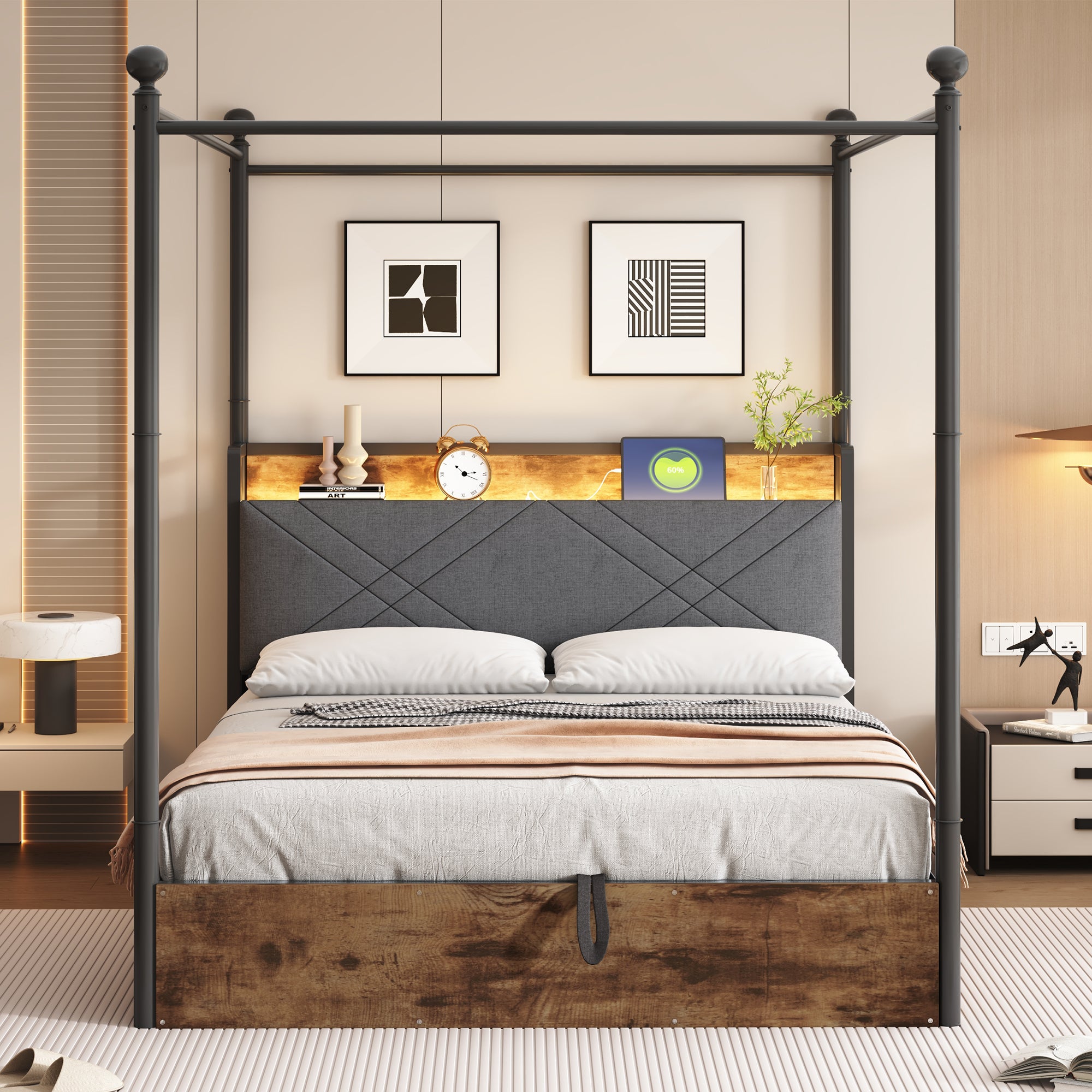 Wrought Iron Double Bed, Hydraulic Storage Canopy LED USB, Black