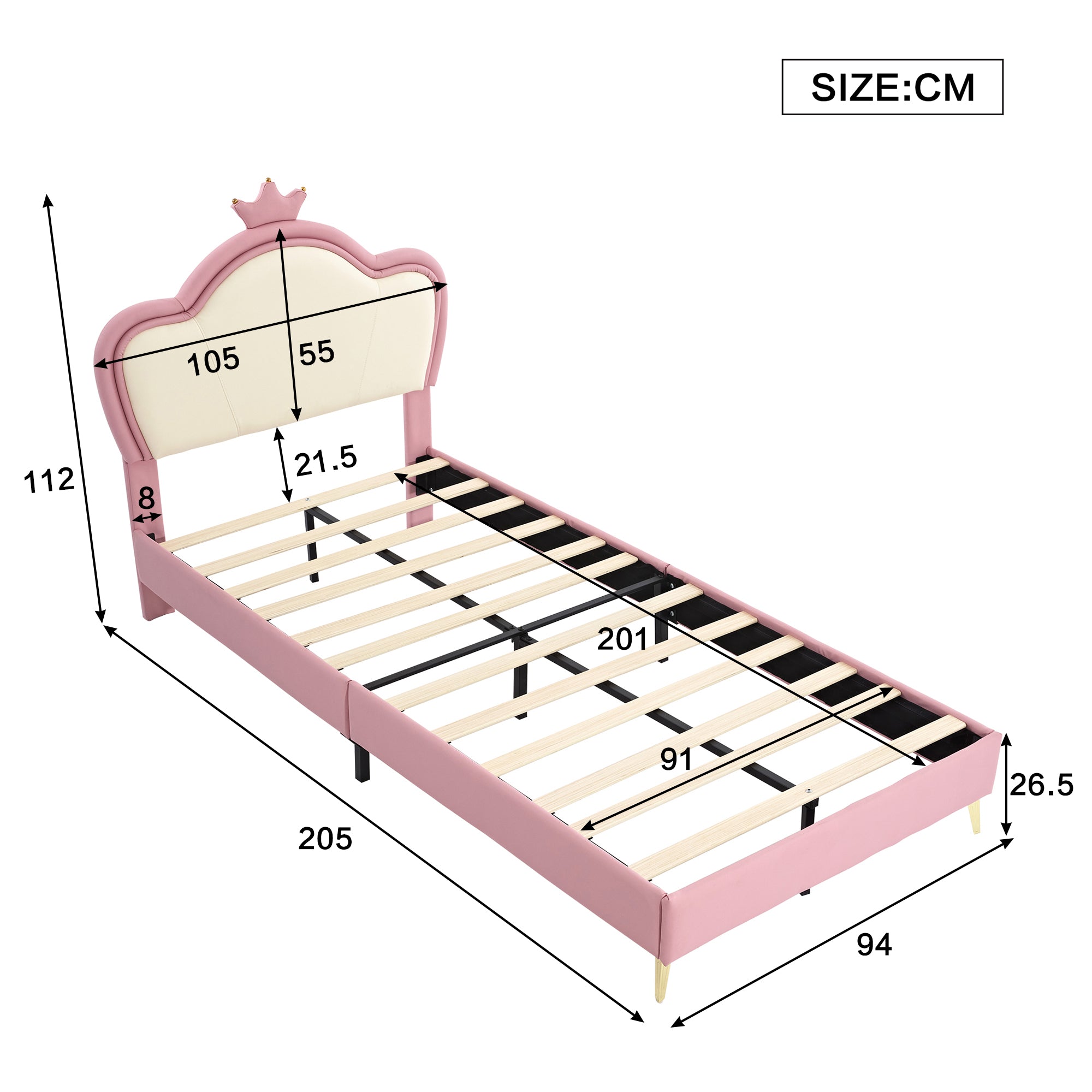 Kids Upholstered Single Bed – Crown Headboard, Pink & White PU