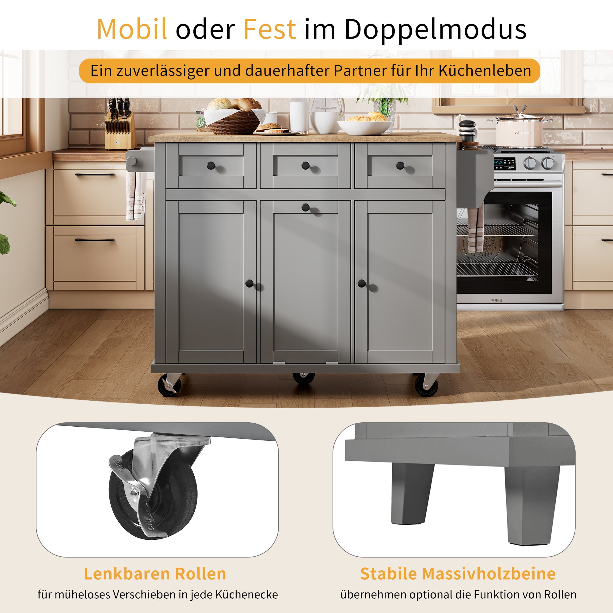 Mobile Kitchen Island with Extendable Dining Area and Waste Bin, Grey