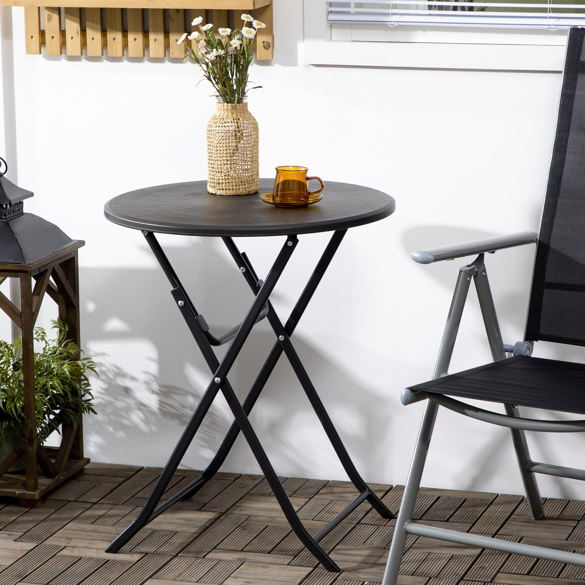 Round Folding Table, Ø60cm Garden Dining, Dark Grey Wood Look