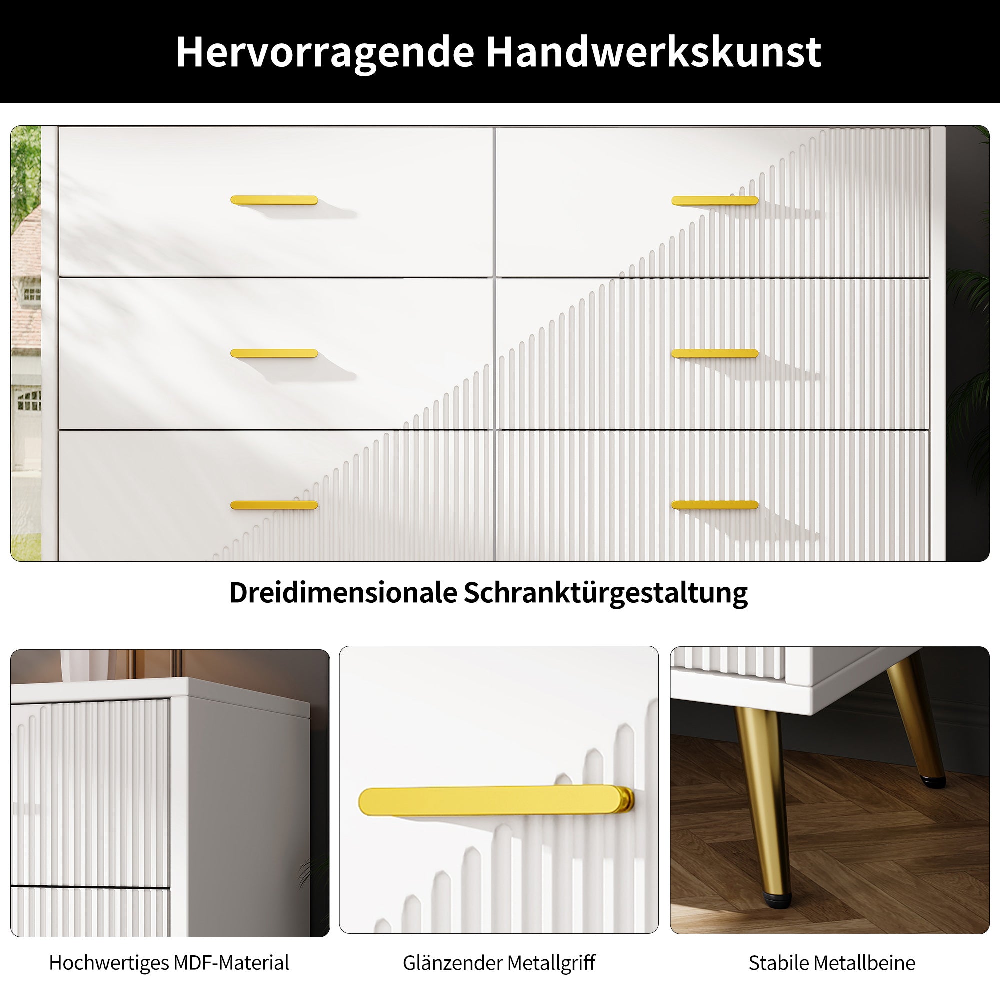 Chest of Drawers, 6-Drawer Cabinet with Golden Legs, White