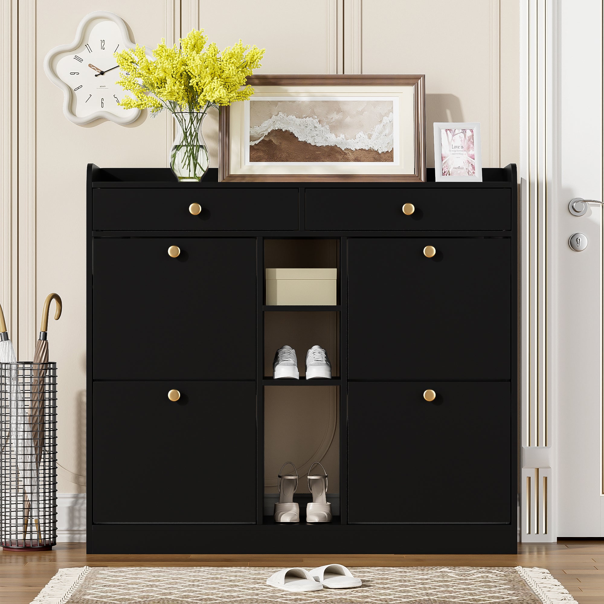 Shoe Cabinet, 4-Door, 2-Drawer, 3-Compartment, Black