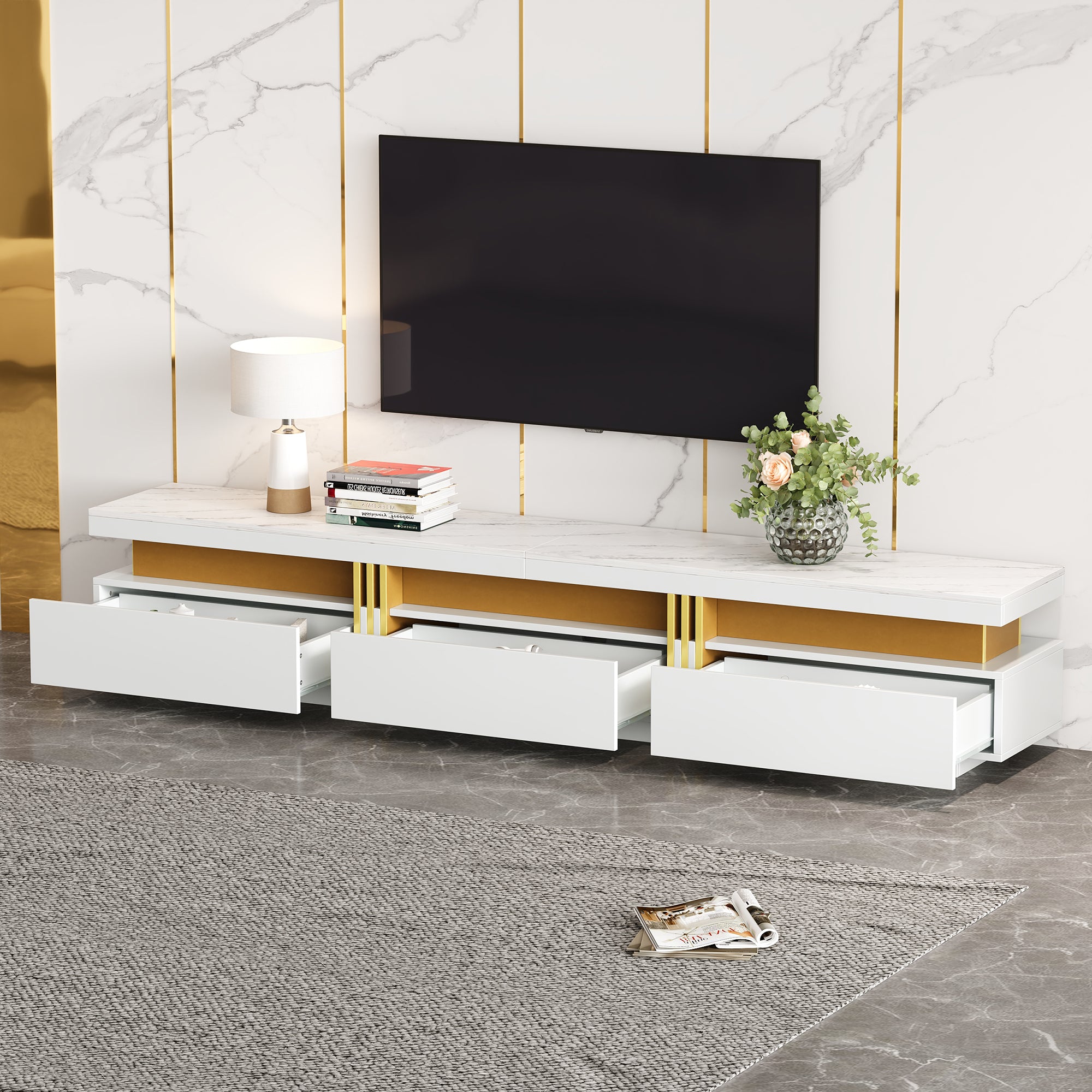 Modern Lowboard TV Cabinet 200x40x42cm for 90 inch TVs, 3 Drawers, Marble Look
