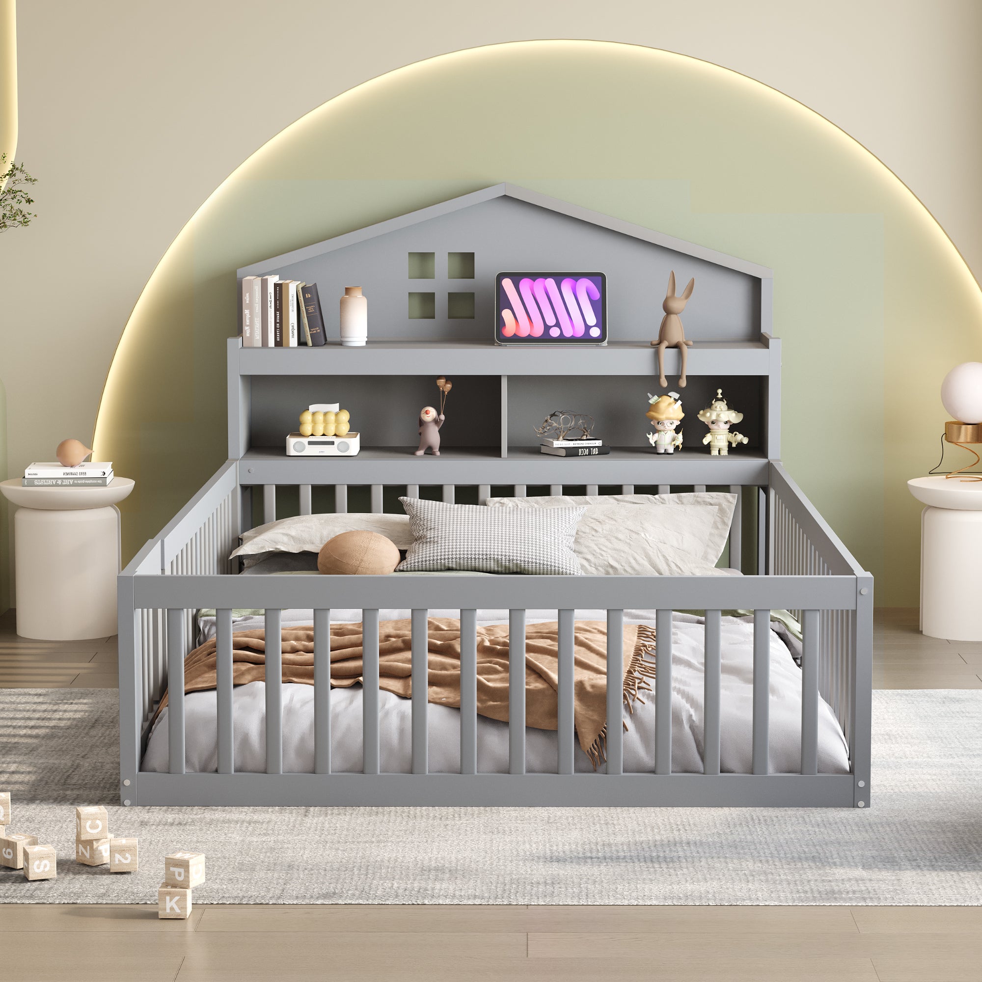 Children's Bed 140x200, House Frame with Shelves, Safety Gate & Slatted Frame, Grey Solid Wood