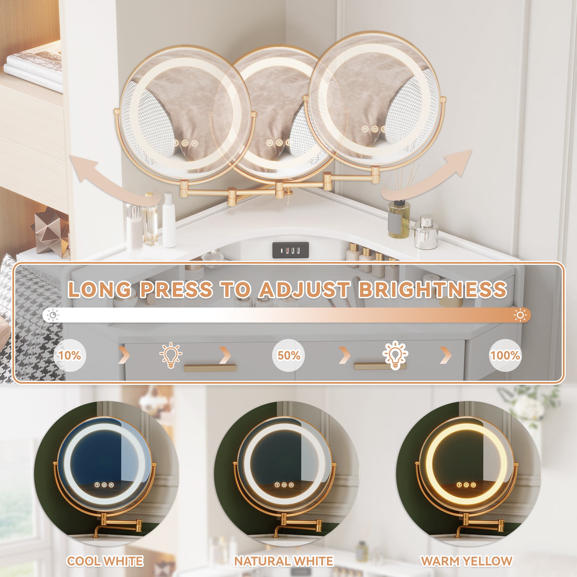 Corner Dressing Table Rotating LED Mirror 5 Drawers USB-C Ports White