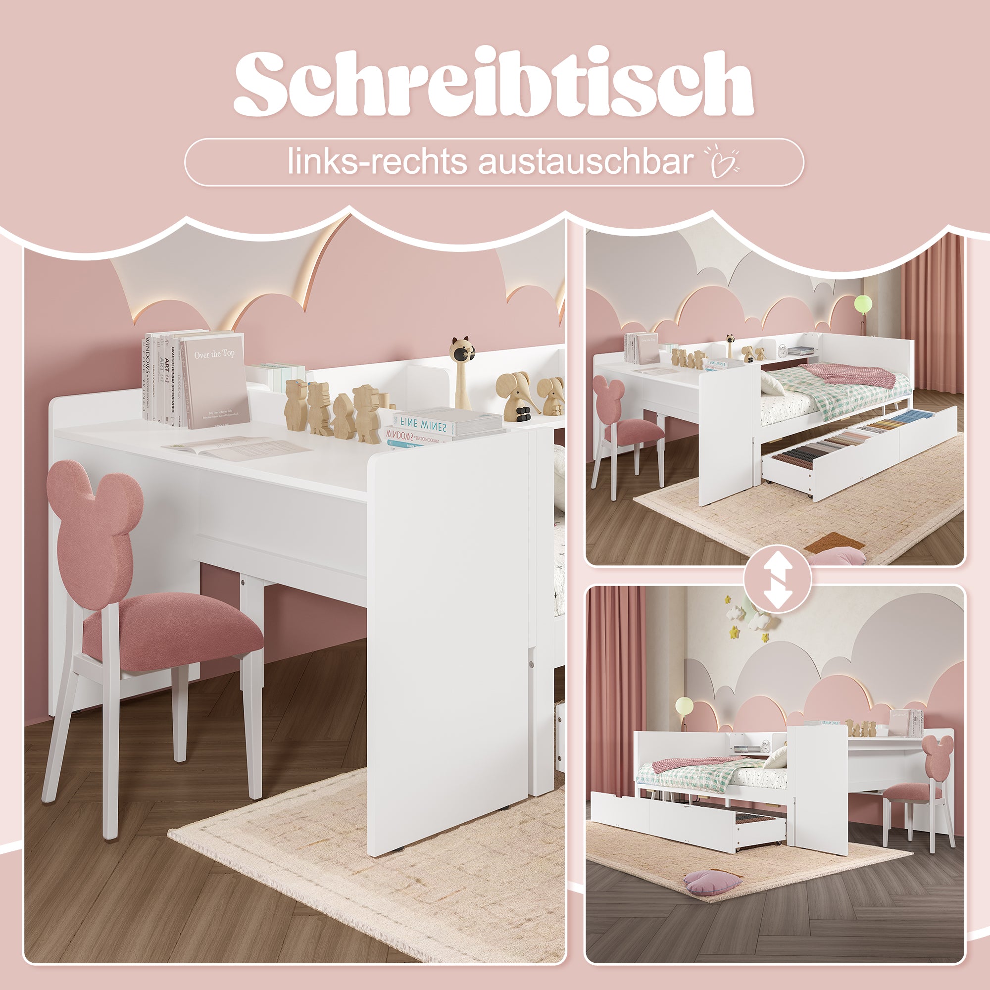 Single Bed 90x200cm Desk 2 Drawers Shelves - White Wood