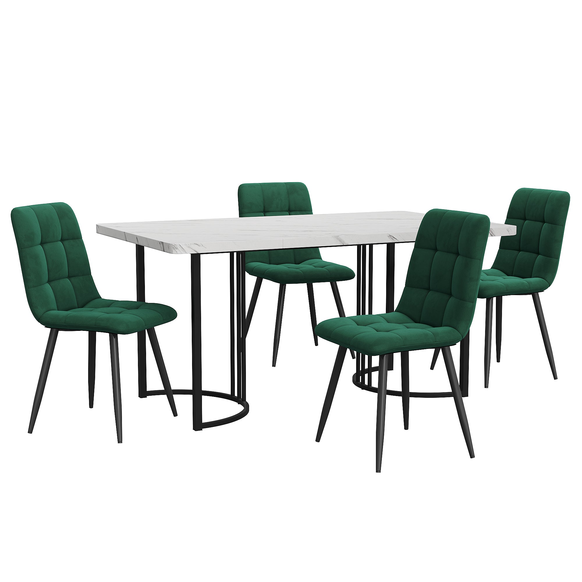 Dining Set, 5-Piece Modern Kitchen Table with 4 Chairs, 140x80cm, White MDF & Dark Green Velvet