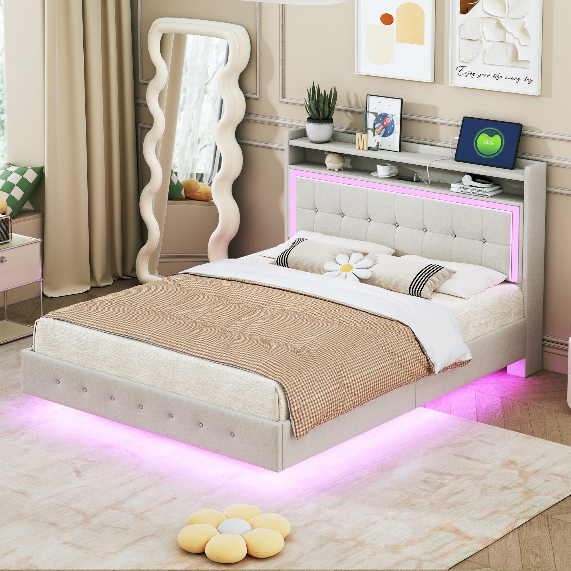 Upholstered Bed 140*200 with USB & LED Light, Linen Beige