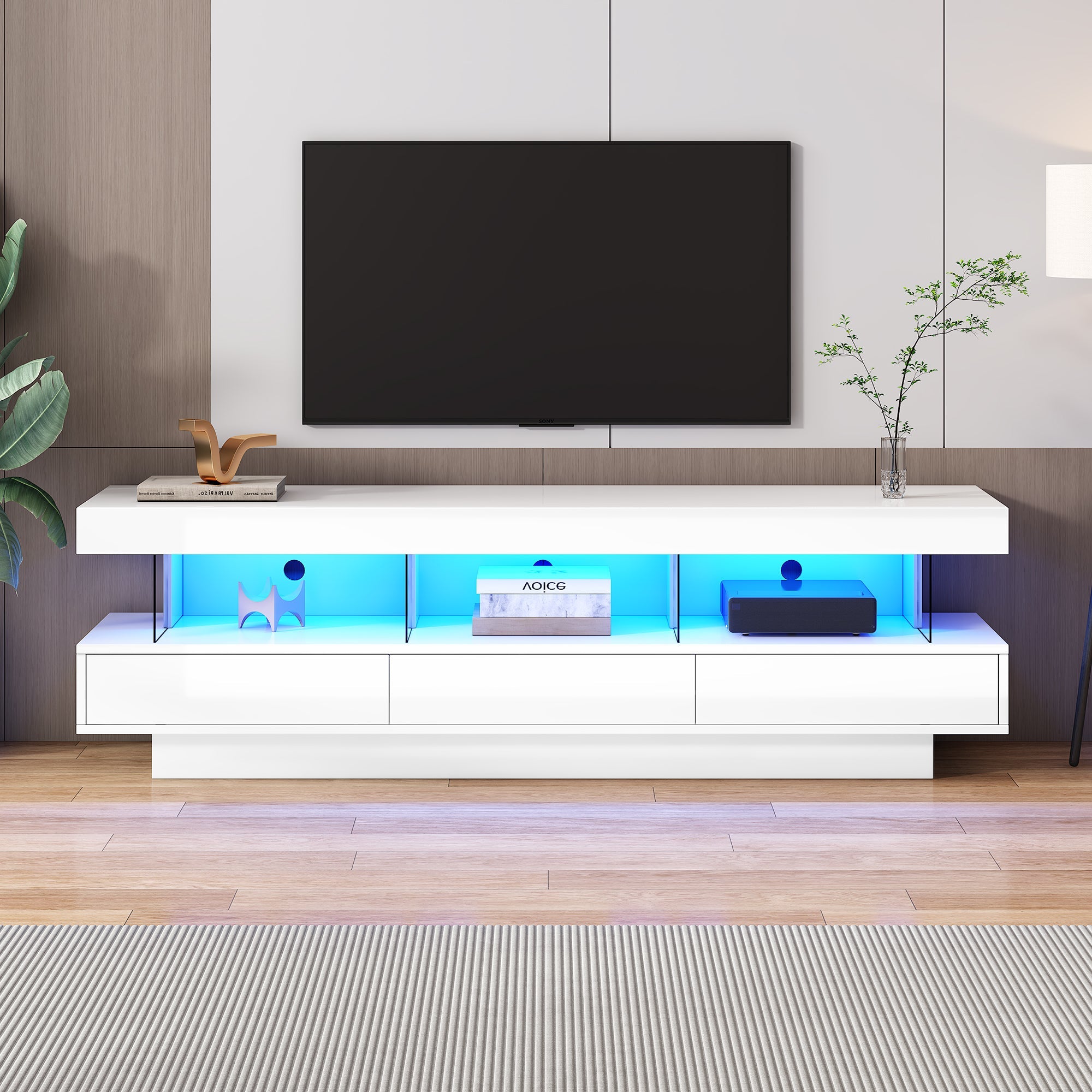 TV Stand Cabinet with LED Lights, 160CM High Gloss, 3 Drawers, 3 Open Storage Space, White