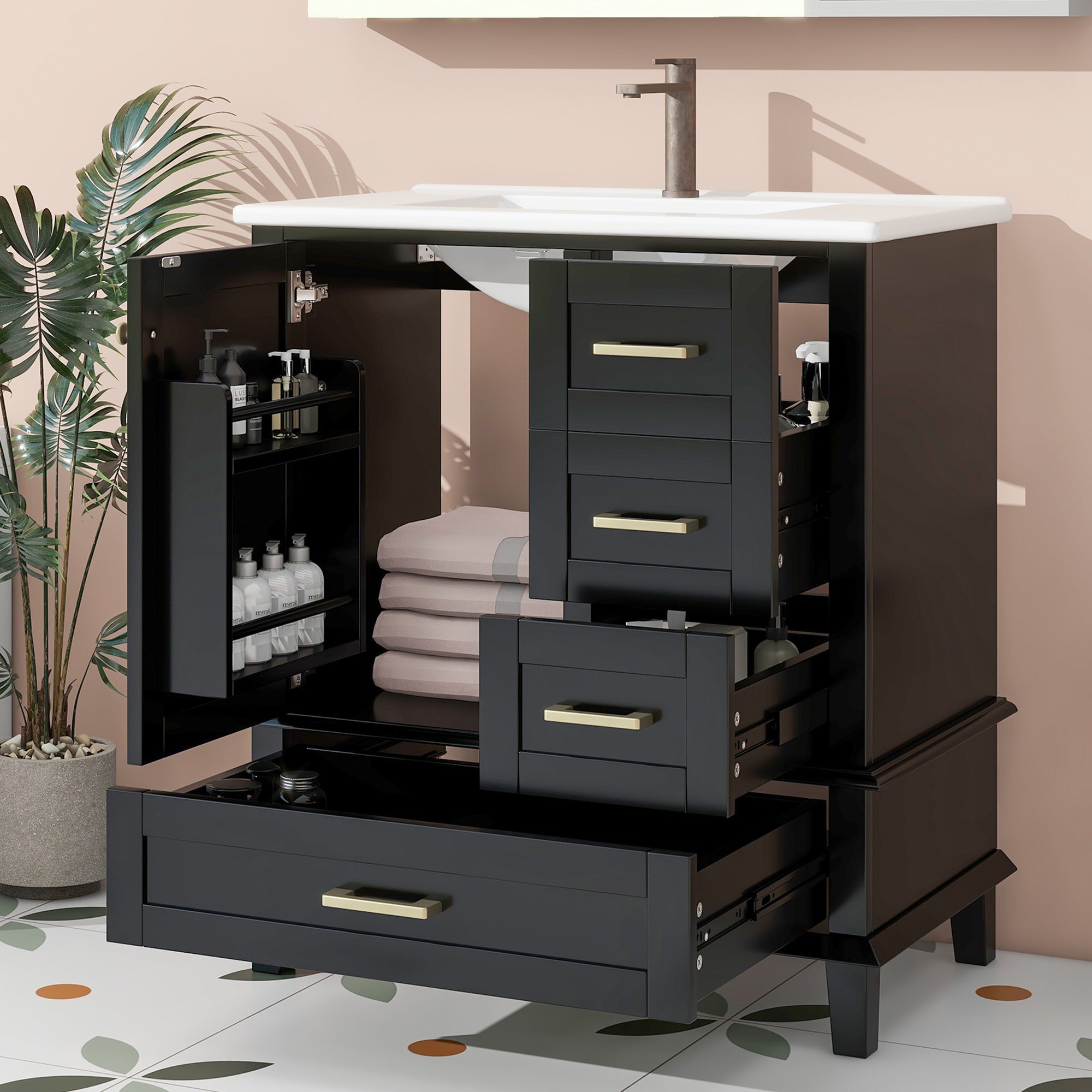 Bathroom Cabinet with Ceramic Sink and Silent Drawers, Black
