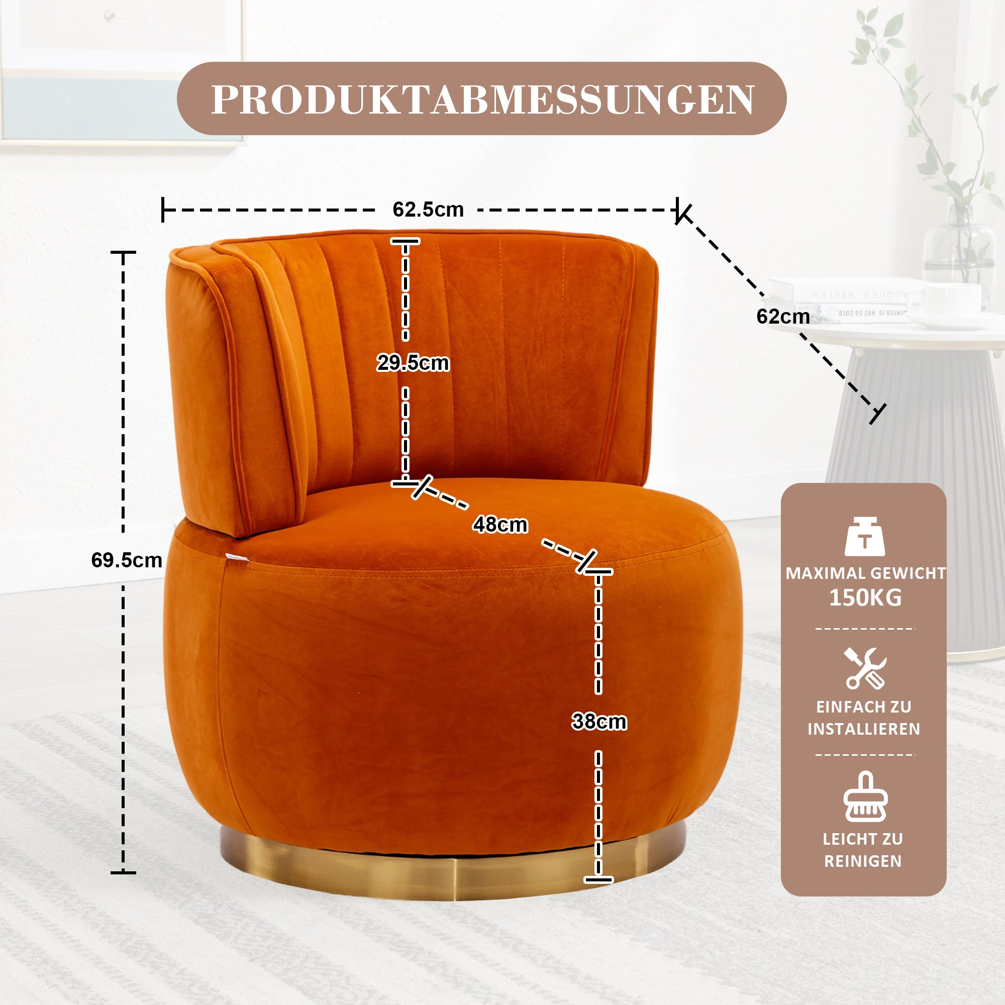 Swivel Barrel Chair, 360 Degree Round Modern Soft Velvet Finish, Orange Color