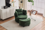 Chenille Swivel Armchair with 3 Back Cushion Pillow and Ottoman Crescent Stool, Green
