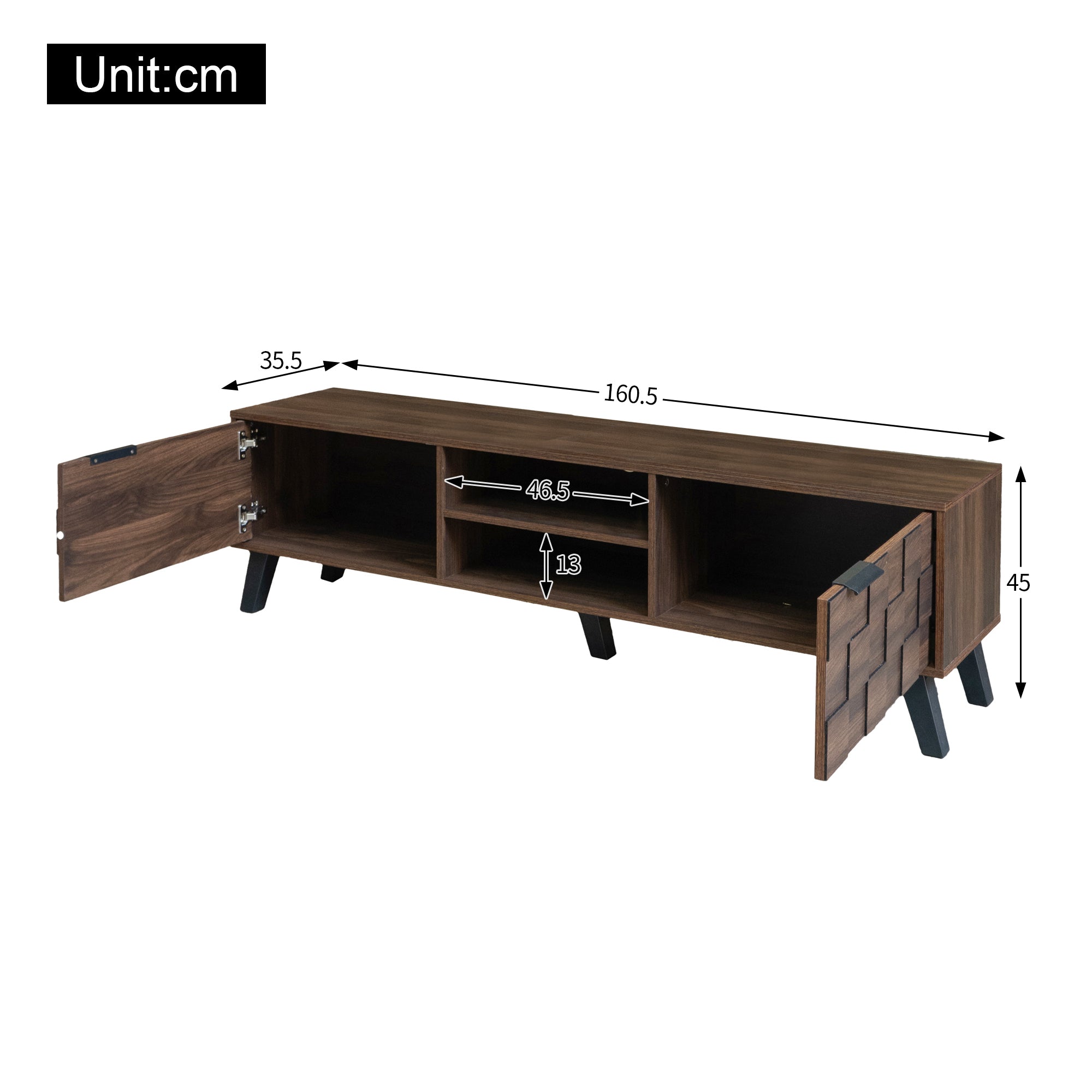 Modern TV Cabinet with 2 Doors & 2 Open Compartments, Dark Wood Grain