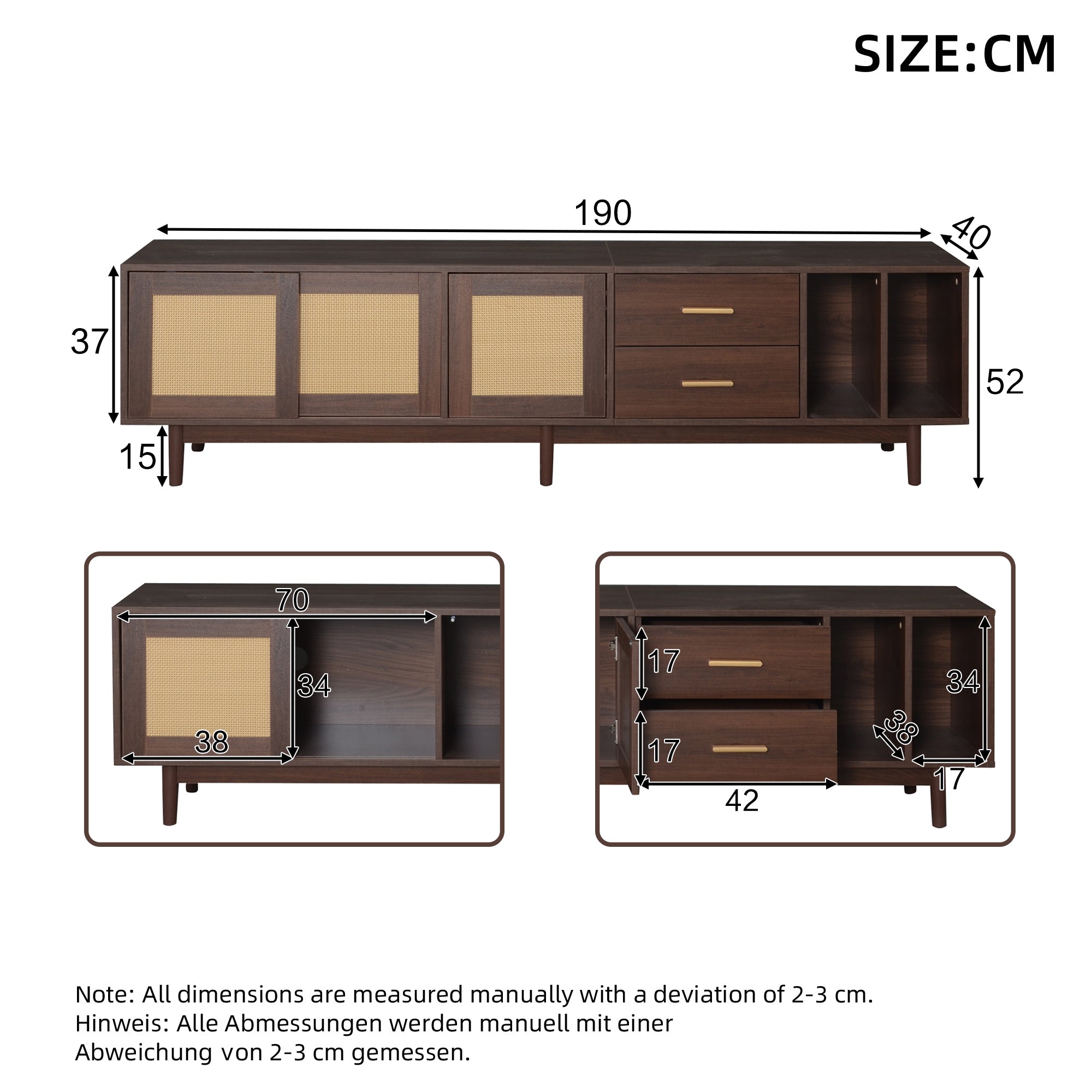 TV Cabinet, 190x40x52cm Lowboard with Drawers, Rattan MDF, Brown