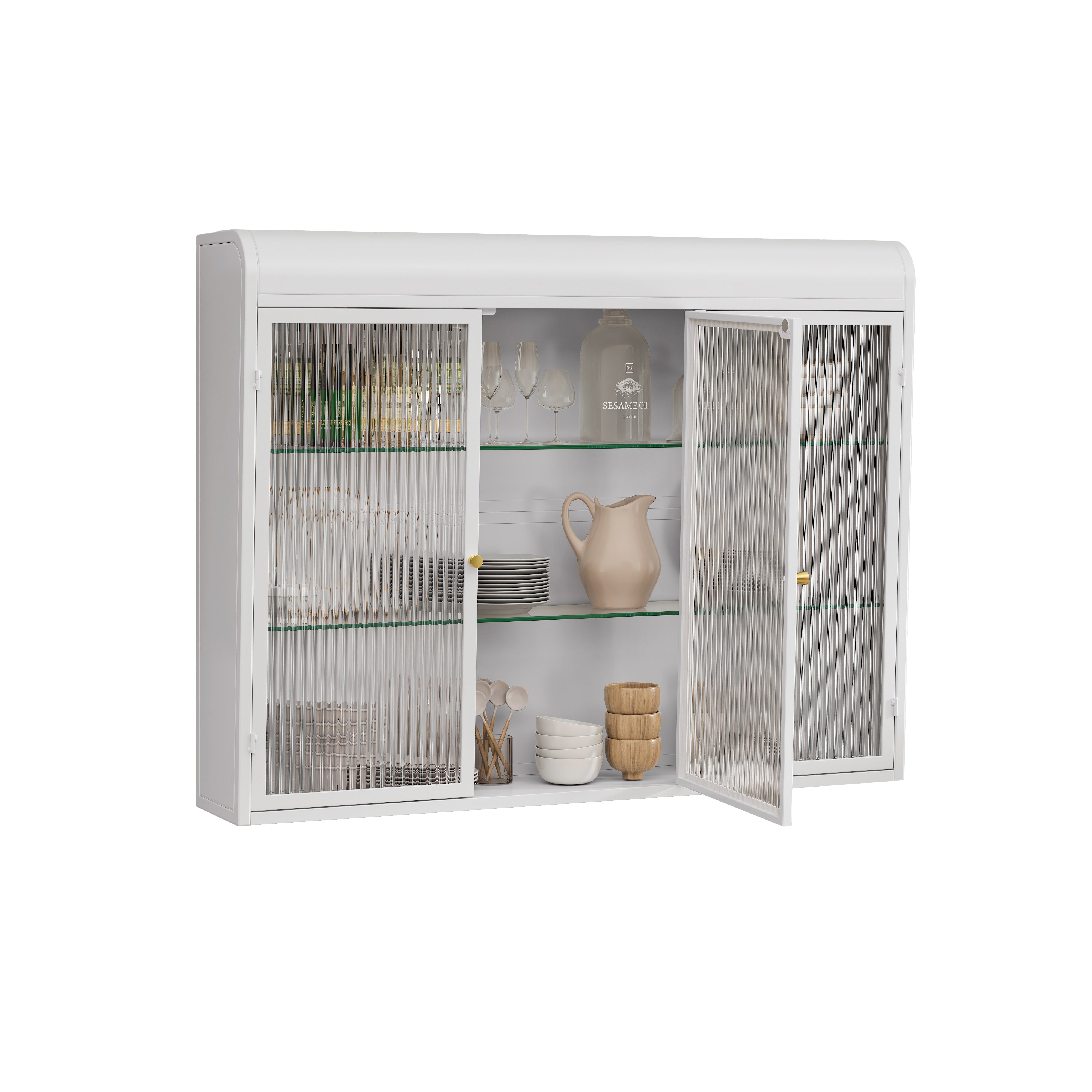 3 Door Arched Wall Mounted Cabinets for Kitchen, Living Room, Bathroom, White Glass