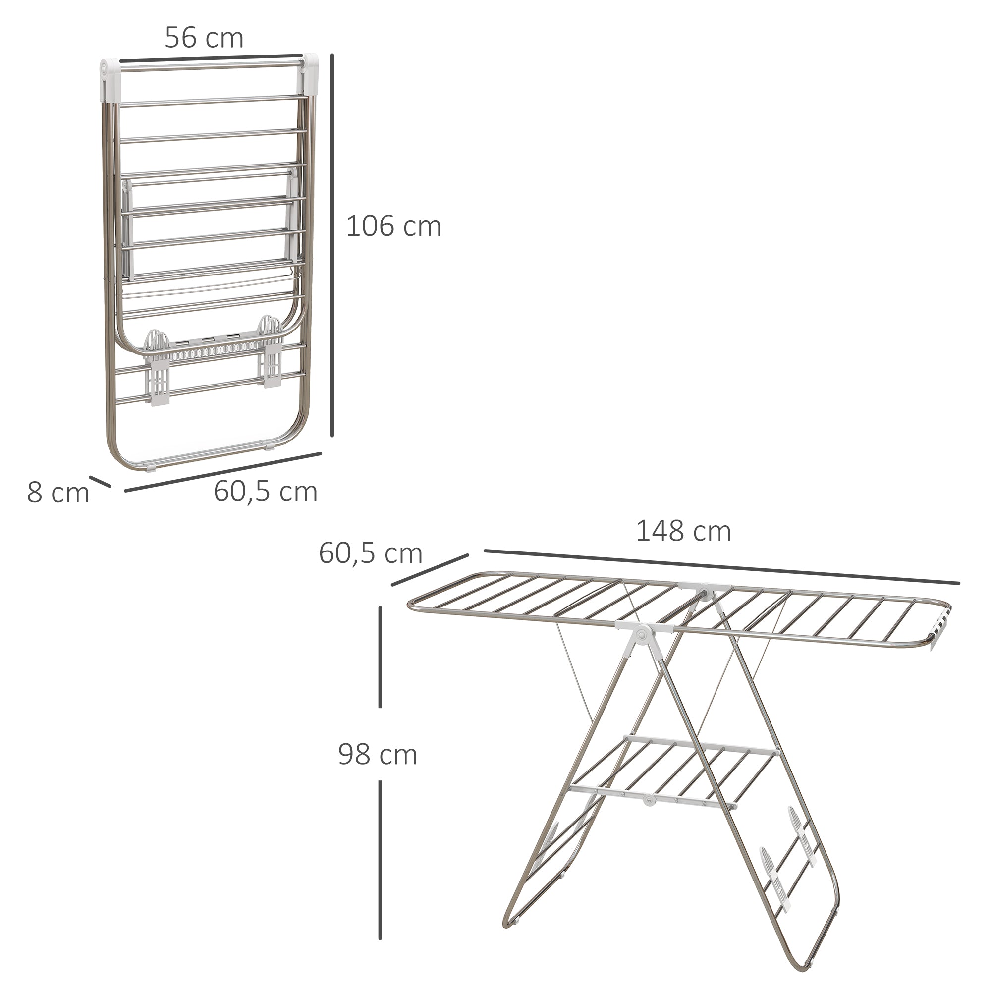 Clothes Airer, Foldable Portable with Telescopic Poles, Stainless Steel and Plastic, Silver and White