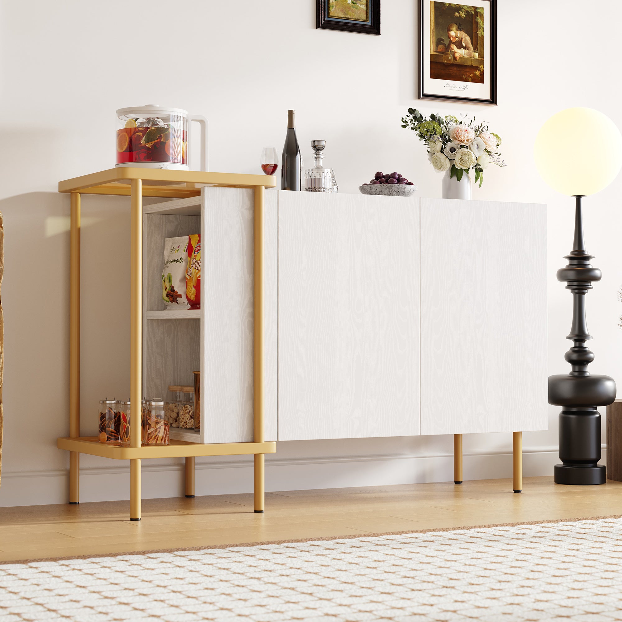 Sideboard Cabinet & Coffee Table, 2 Doors 2 Open Compartments, Metal/Glass White, 120 x 40 x 77.5 cm