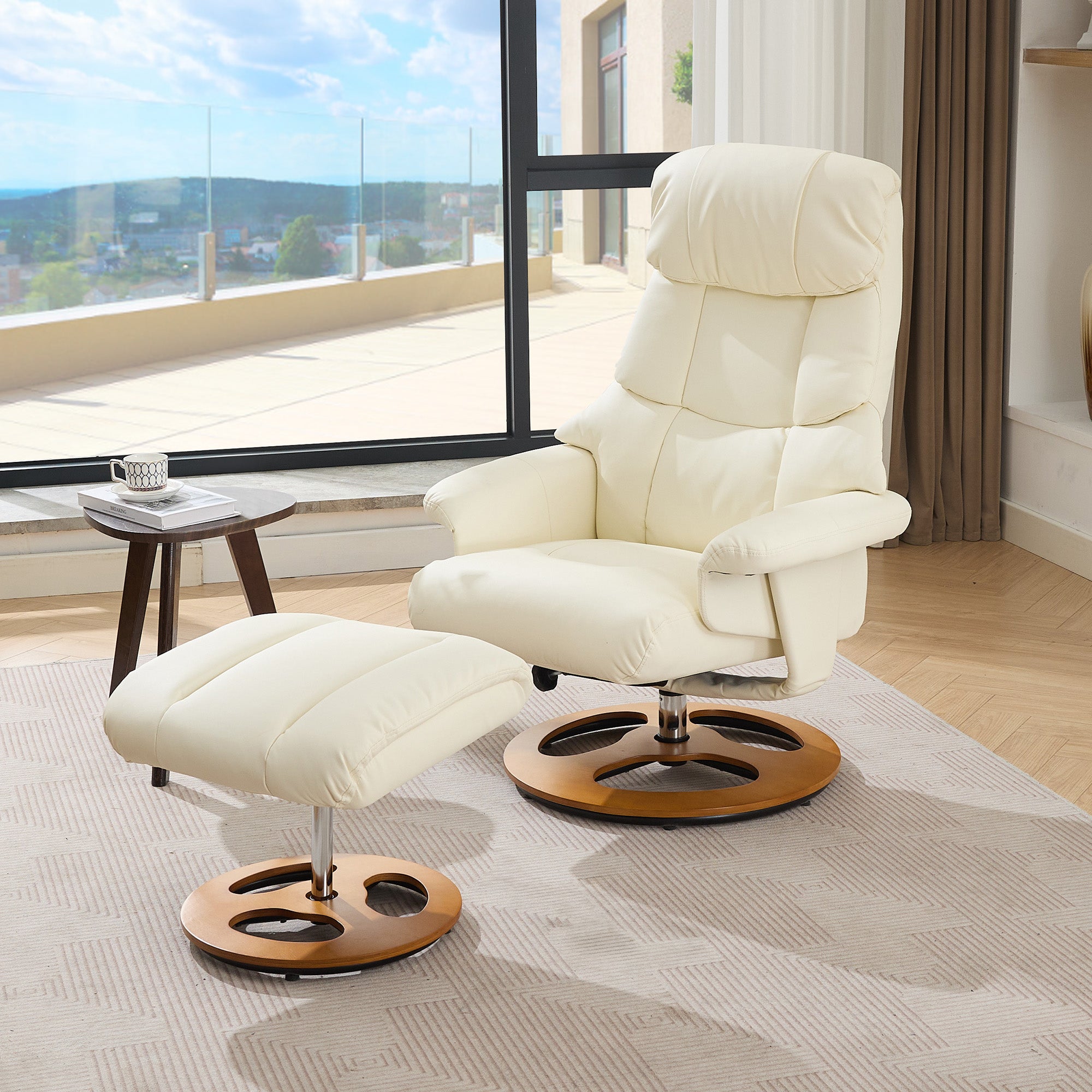 Recliner Chair with Massage, Heat, Reclining, Stool, 360° Rotatable, PU Fabric White