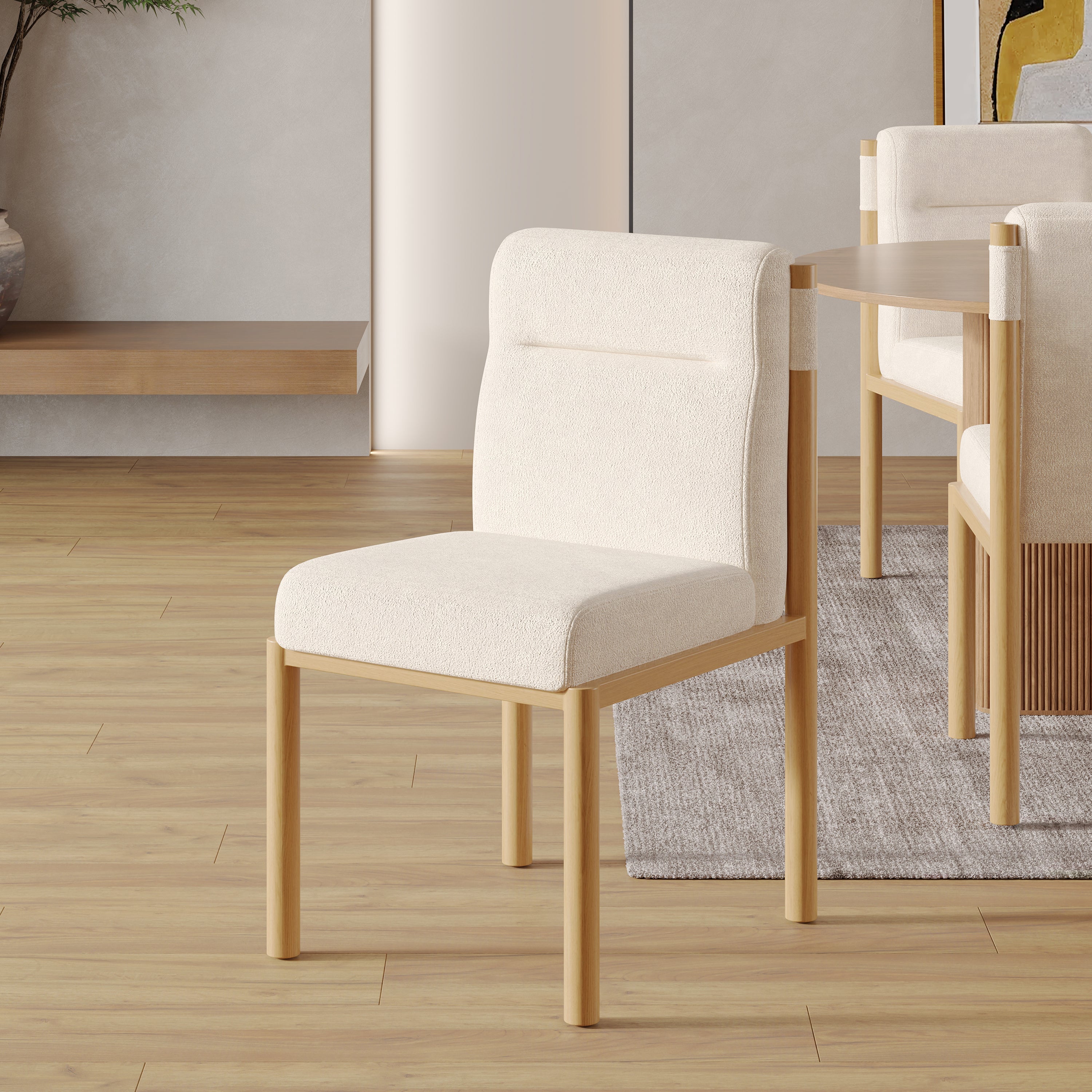 2 Dining Chairs Padded Modern Oak-Effect Frame - Beige Sherpa Fabric