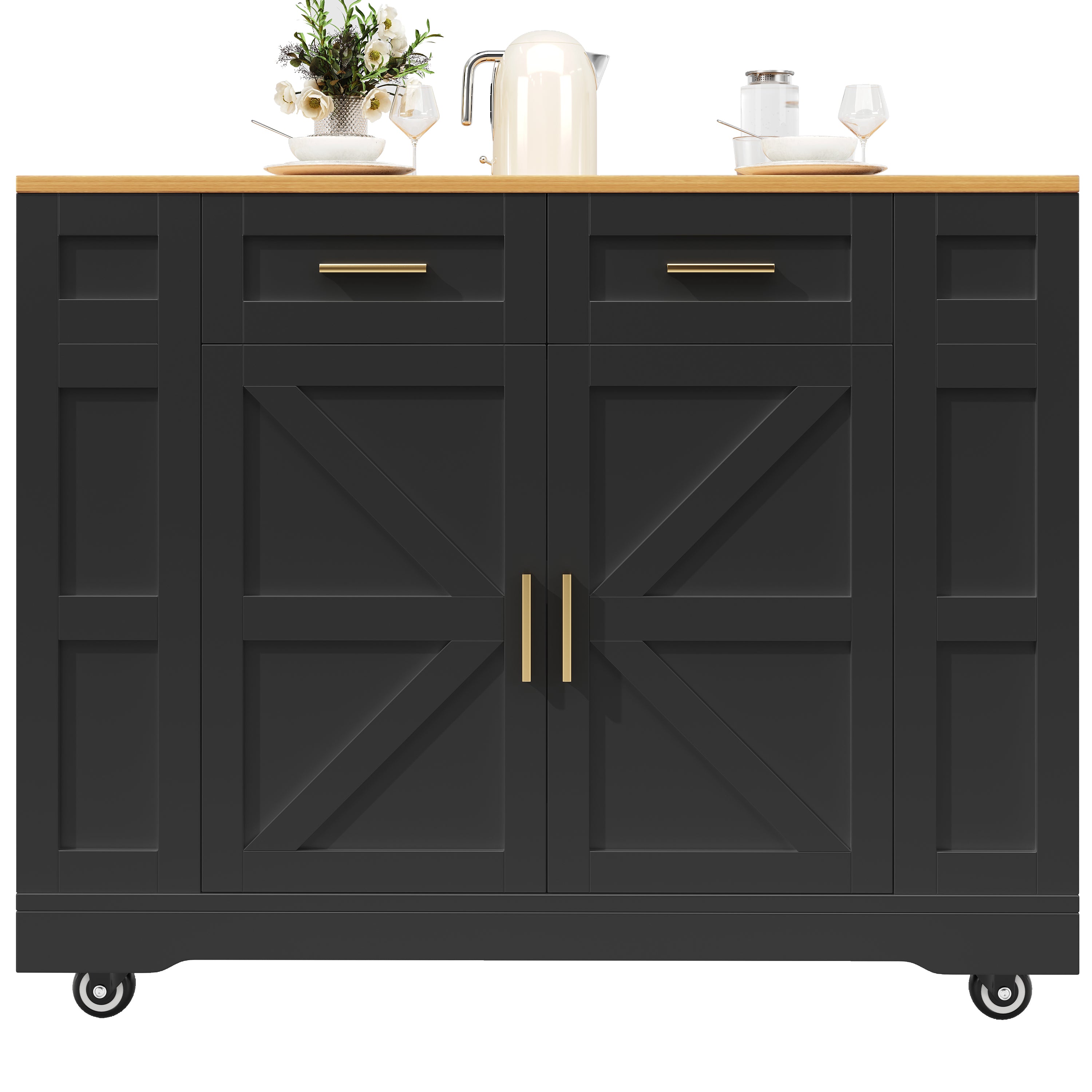Modern Kitchen Island with Storage and Extendable Tabletop, Black Wood Grain Finish