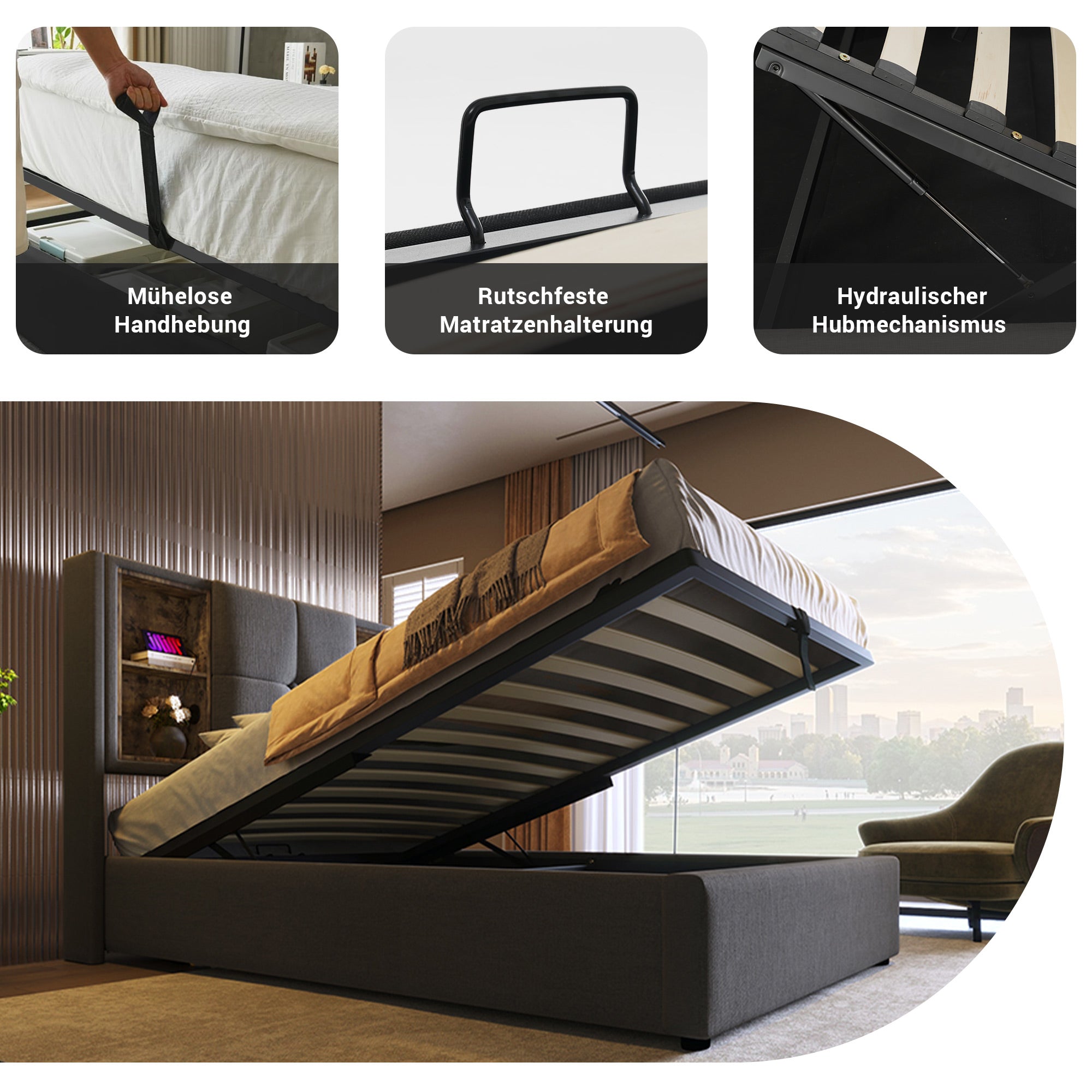 Single Bed, Wireless Charging USB C, 90x200cm with Storage, Wood-Grey Cotton