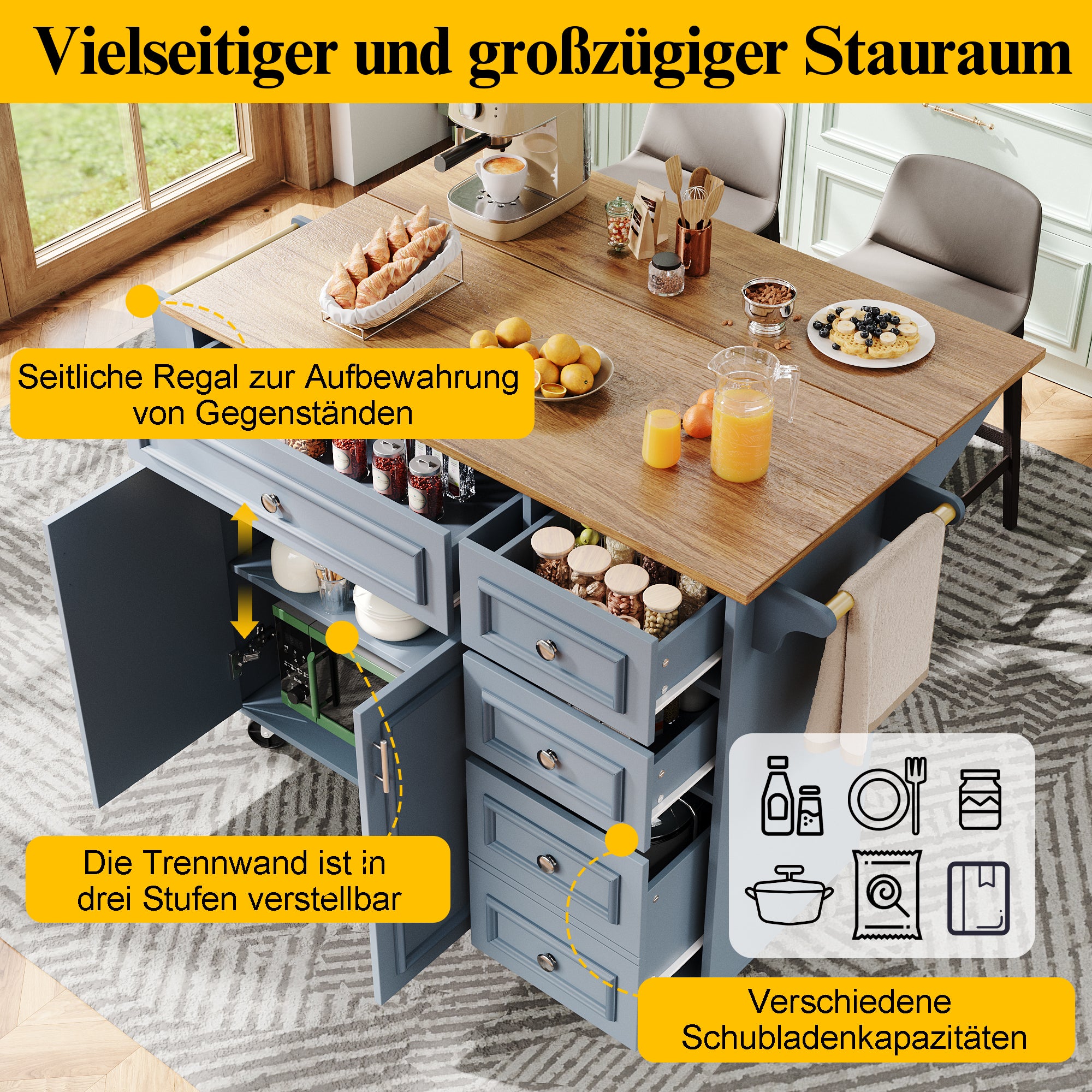 Kitchen Island 110cm Extendable Dining Table with Storage & Removable Trolley, Blue