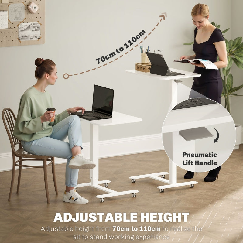 Height Adjustable Standing Desk, Pneumatic Mobile Sit Stand Laptop Table, White