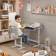 Kids Desk and Chair Set, Adjustable Writing Desk with Drawer and Hook, Grey