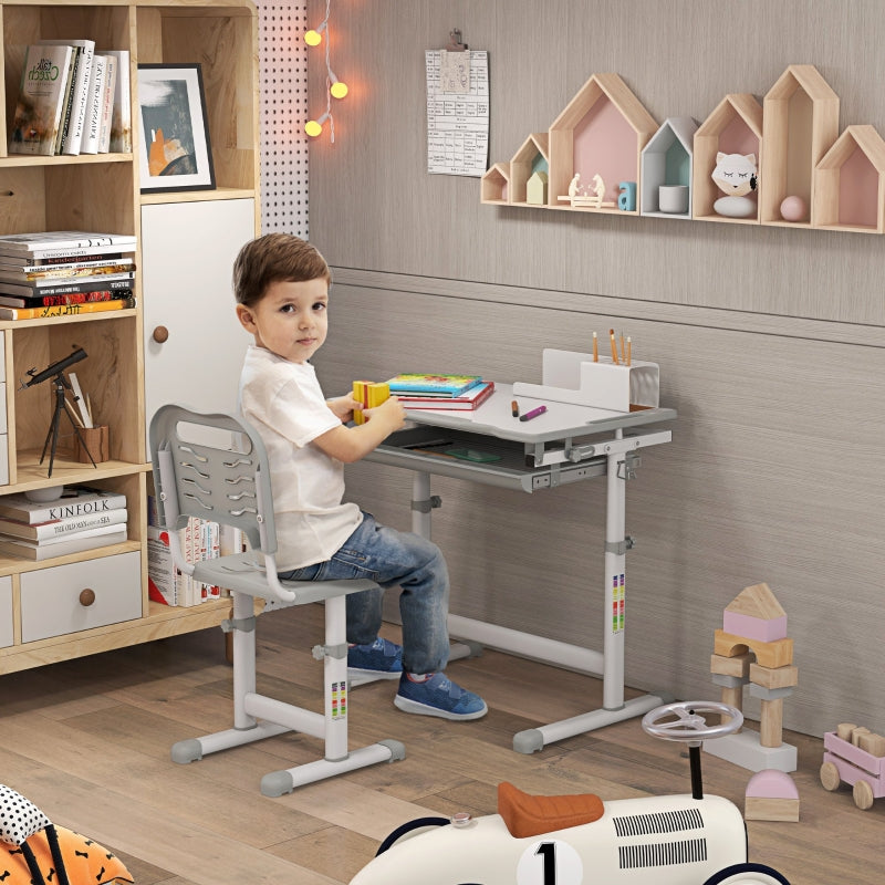 Kids Desk and Chair Set, Adjustable Writing Desk with Drawer and Hook, Grey