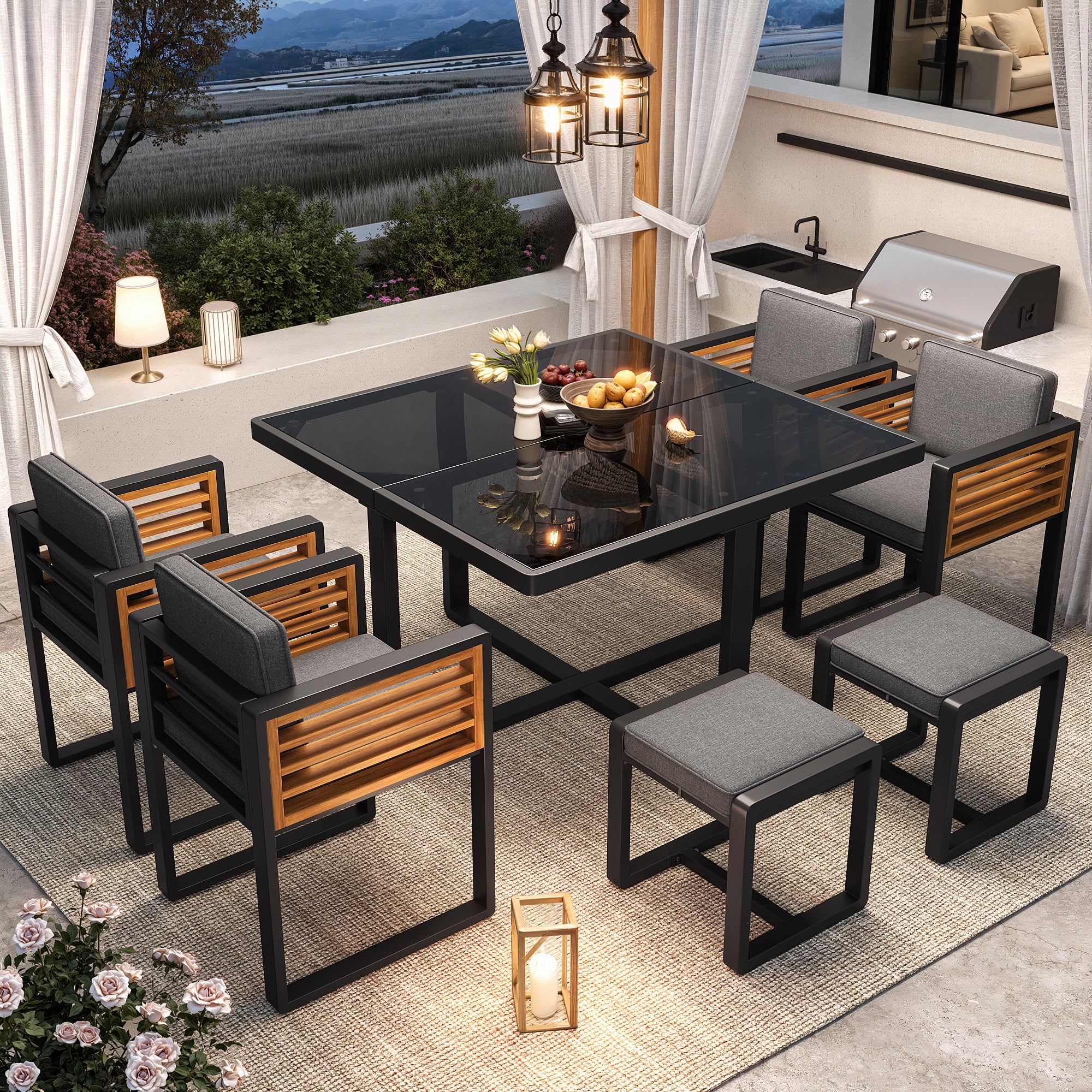 Garden Furniture Set with 6 Chairs and Table, Glass Tabletop