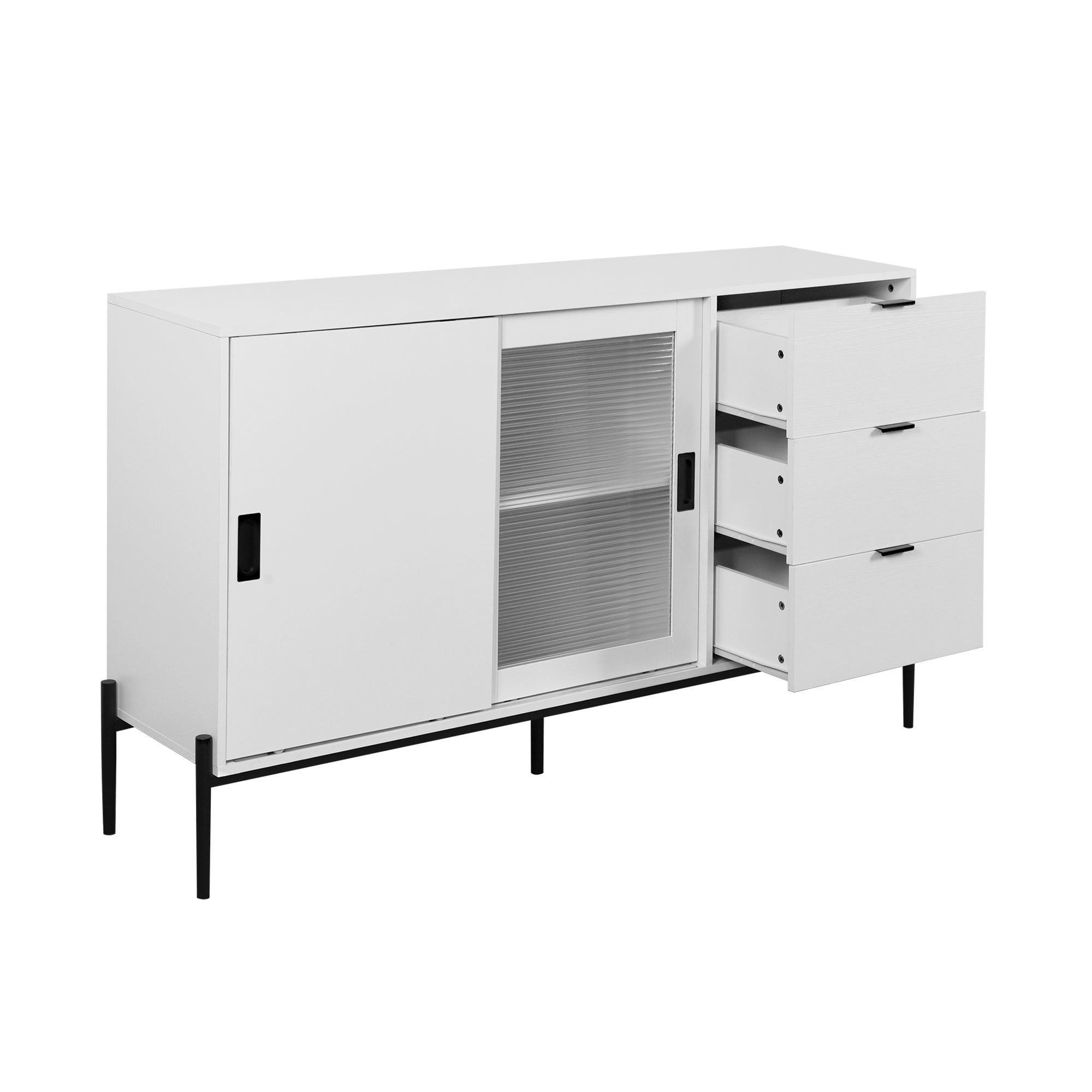 Sideboard Glass Sliding Door 3 Drawers Console Table - White