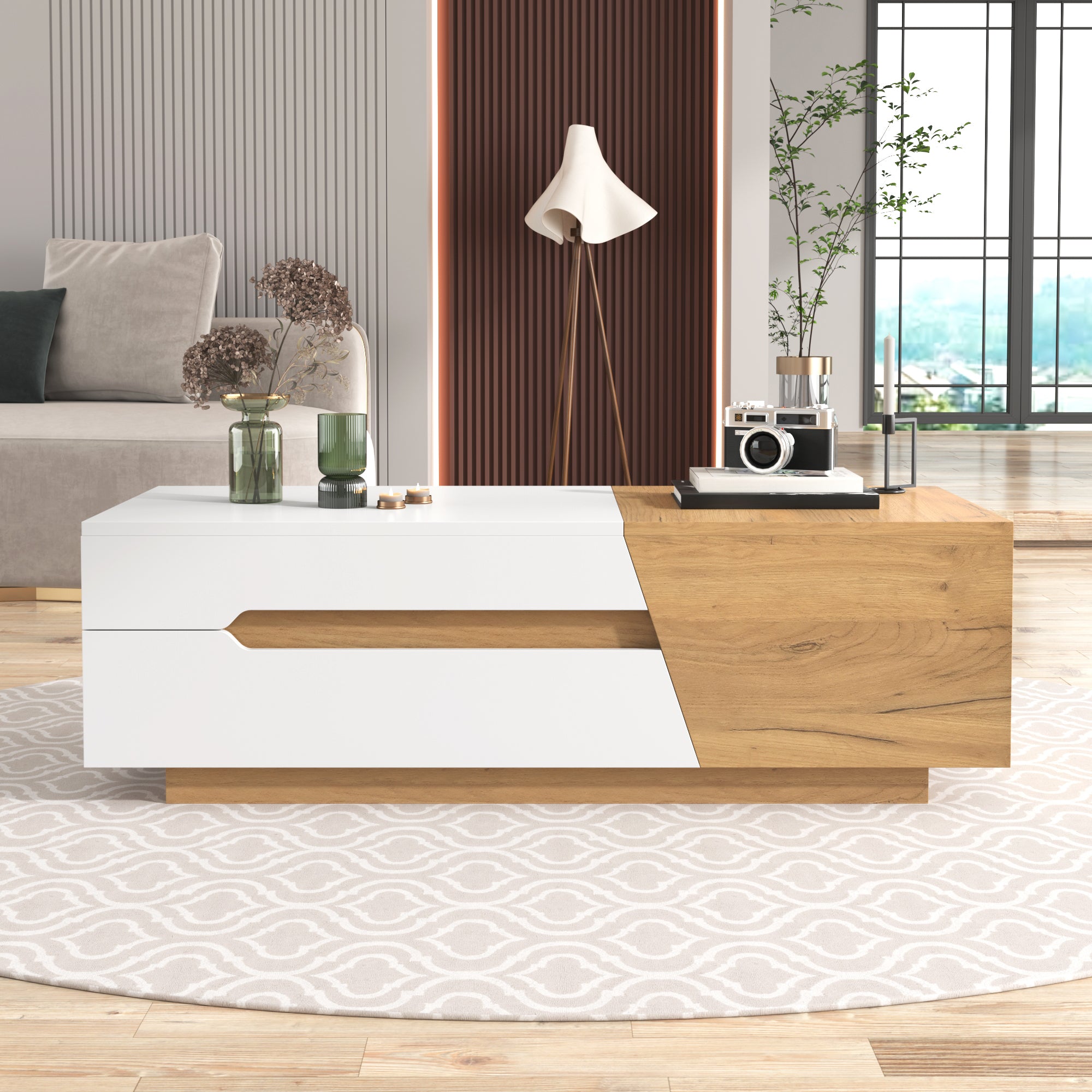 Extendable Coffee Table, Living Room Side Table with Drawers, Color Block Structure