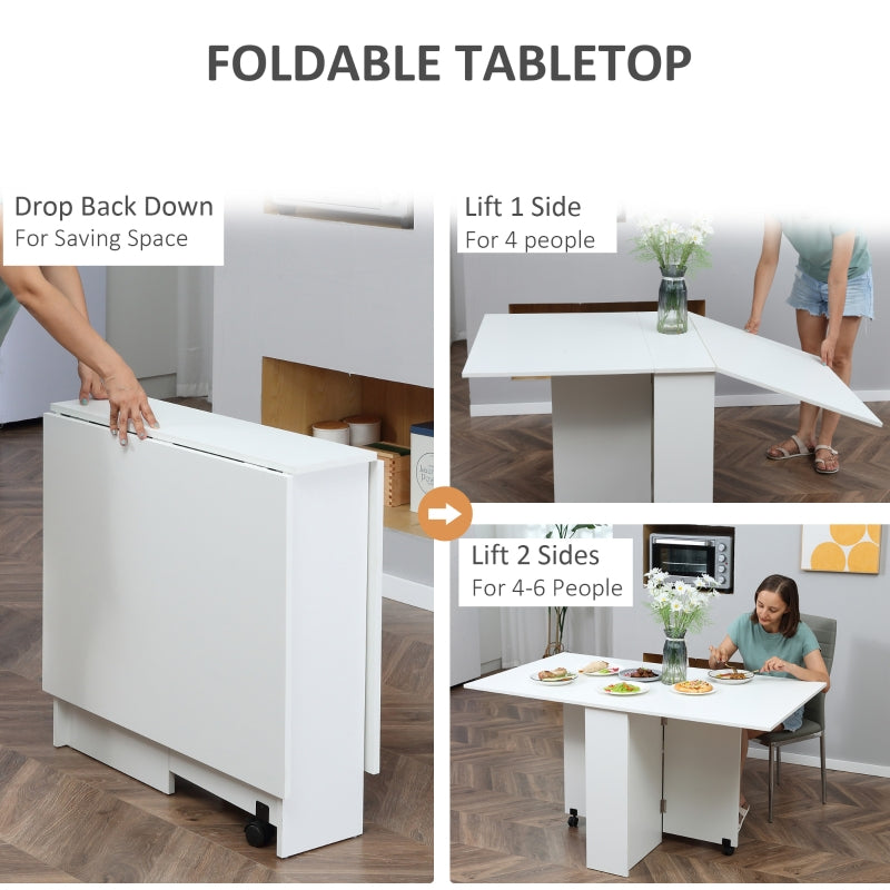 Folding Dining Table, Drop Leaf 2-Tier Shelves Rolling Casters, White