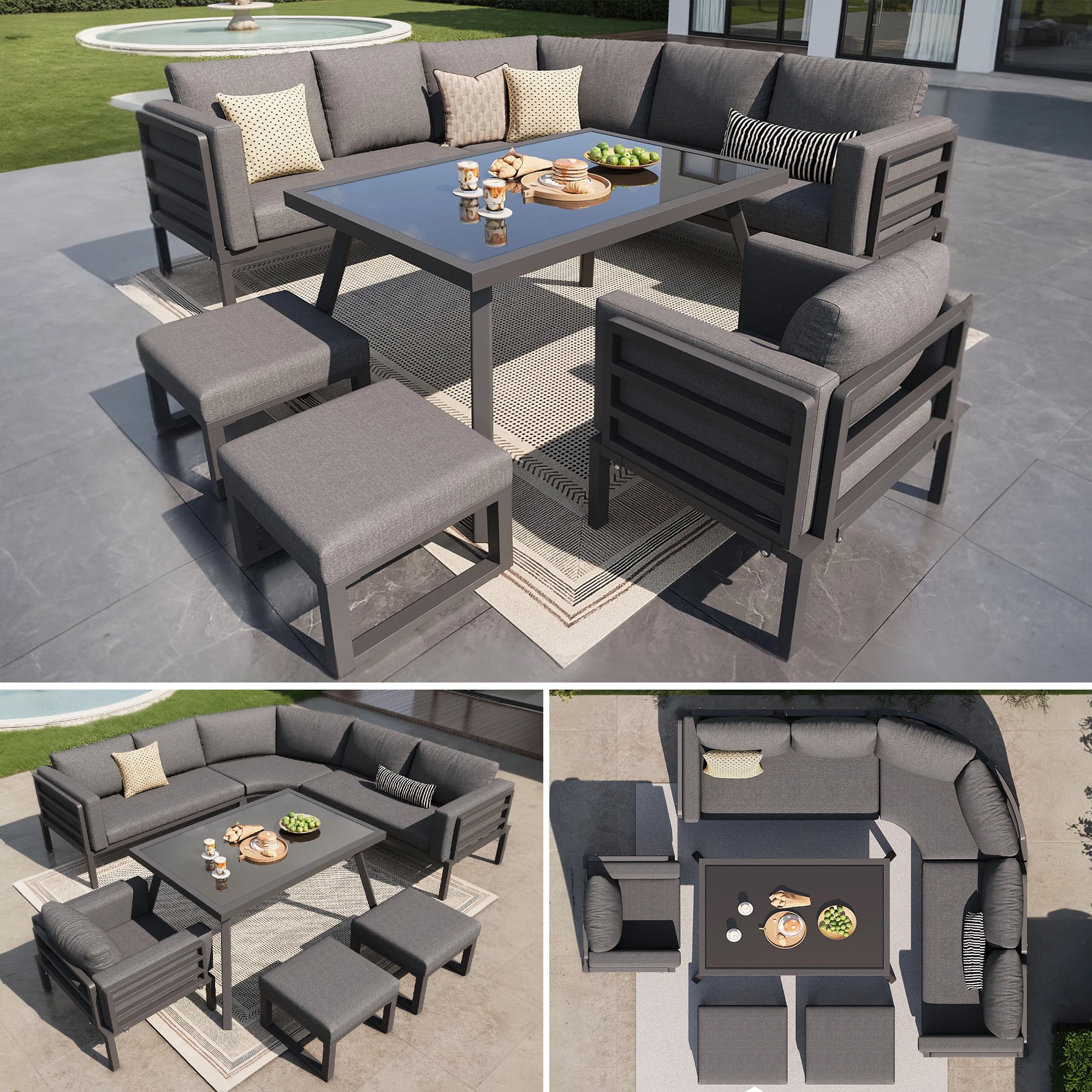 Garden Sofa Set Crescent 8-Person with Glass Table Weatherproof - Grey Cushions