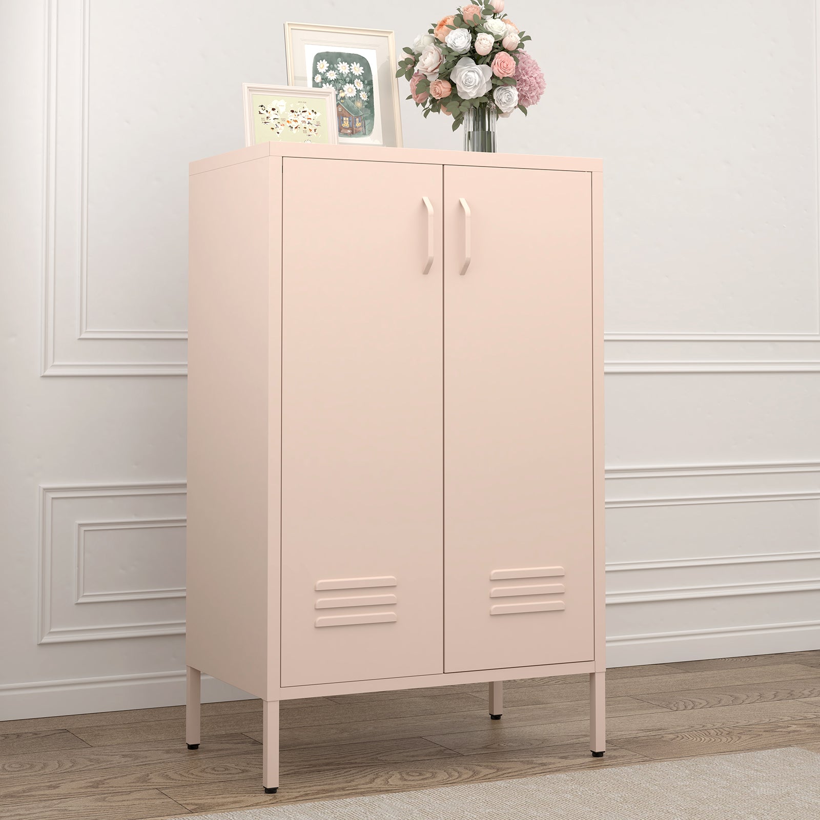 2 Door Metal Storage Cabinet with 2 Adjustable Shelves, Pink