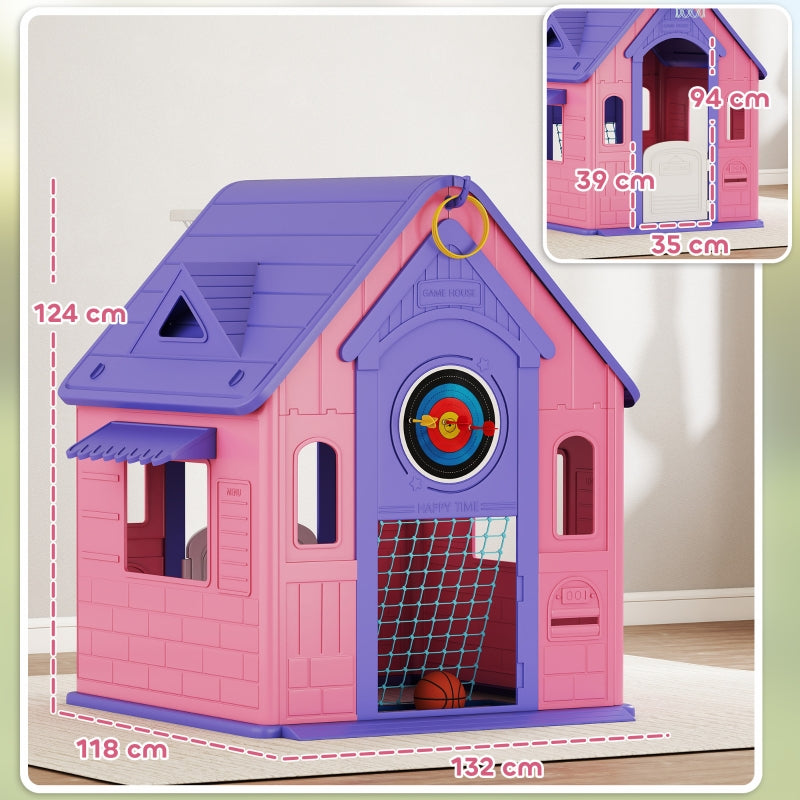 5-in-1 Playhouse Outdoor Indoor Basketball Football Dartboard Ring Toss Pink