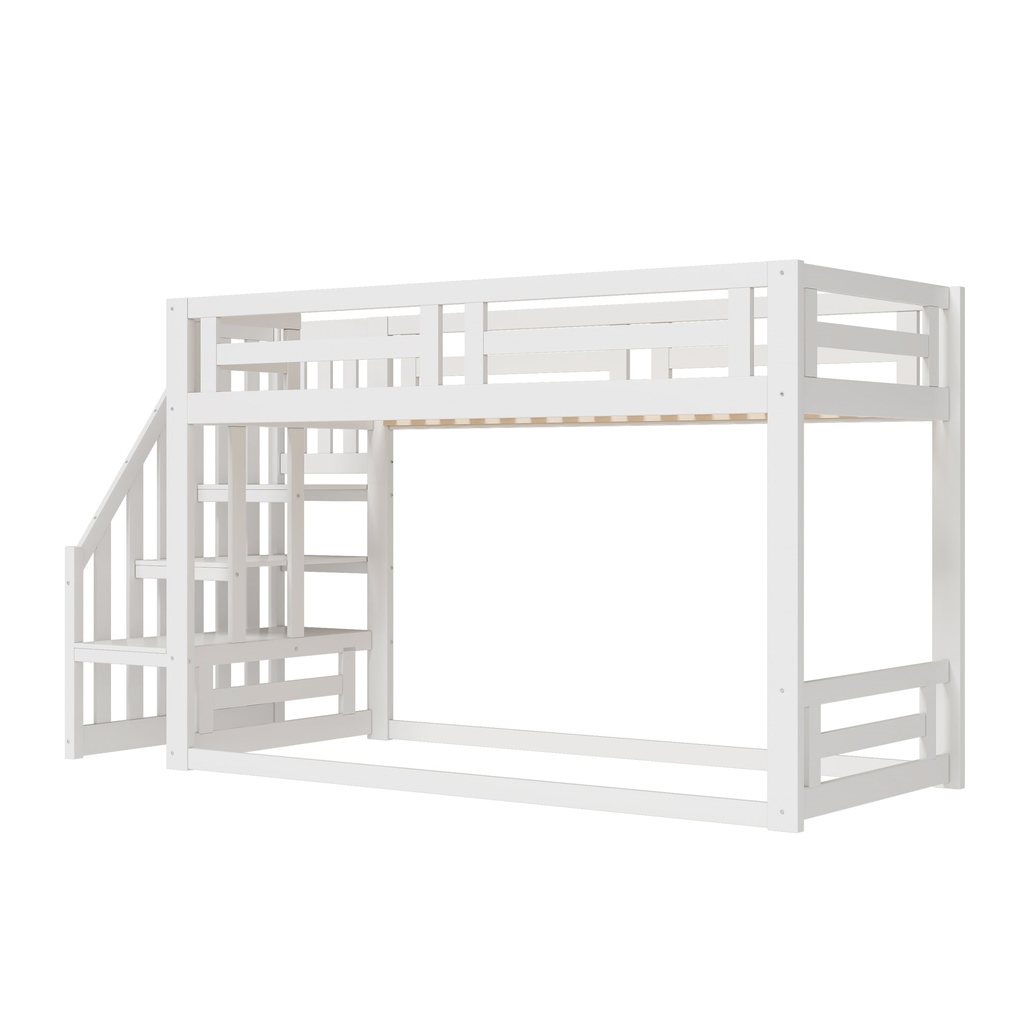 Children's Bed, Low Bunk with Safety Stairs, Solid Wood, White
