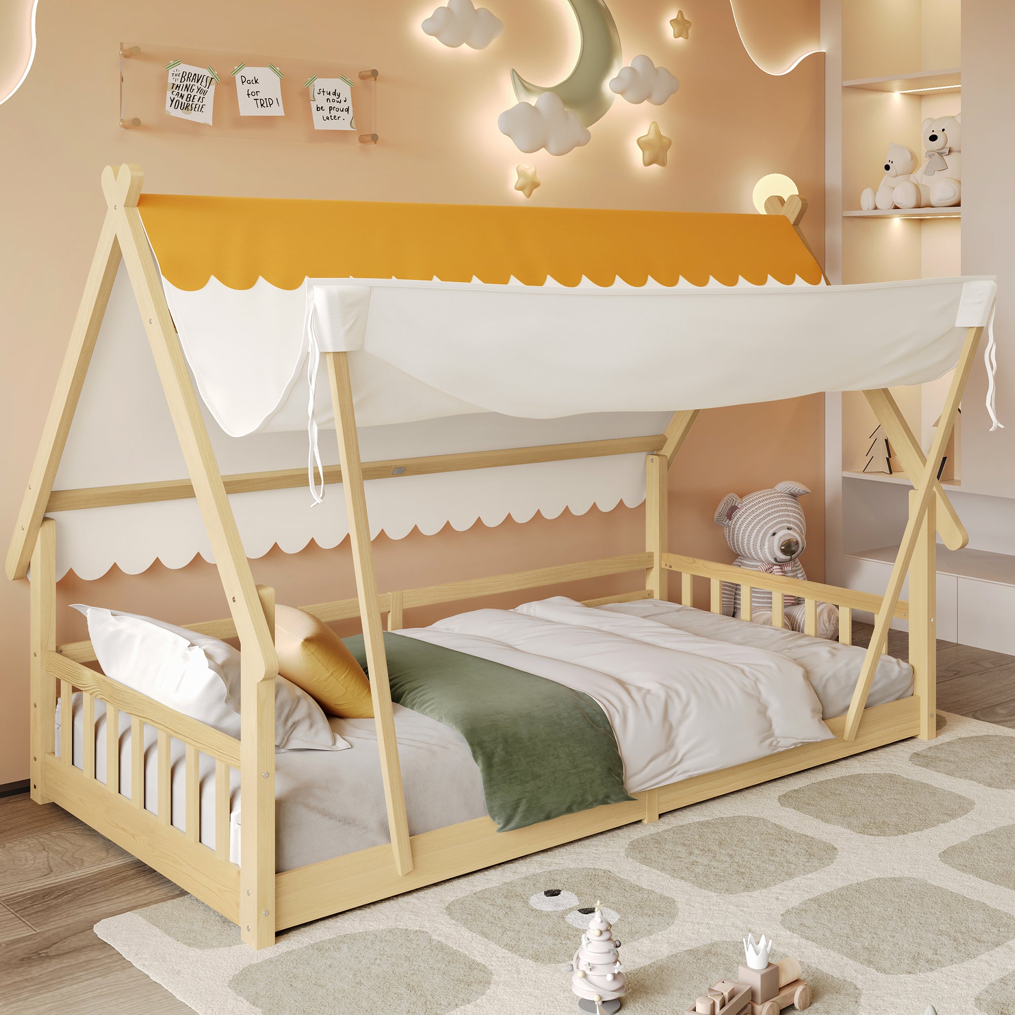 Wooden Bed, Children's Single with Removable Tent & Safety Railing, Pine + Plywood, Natural