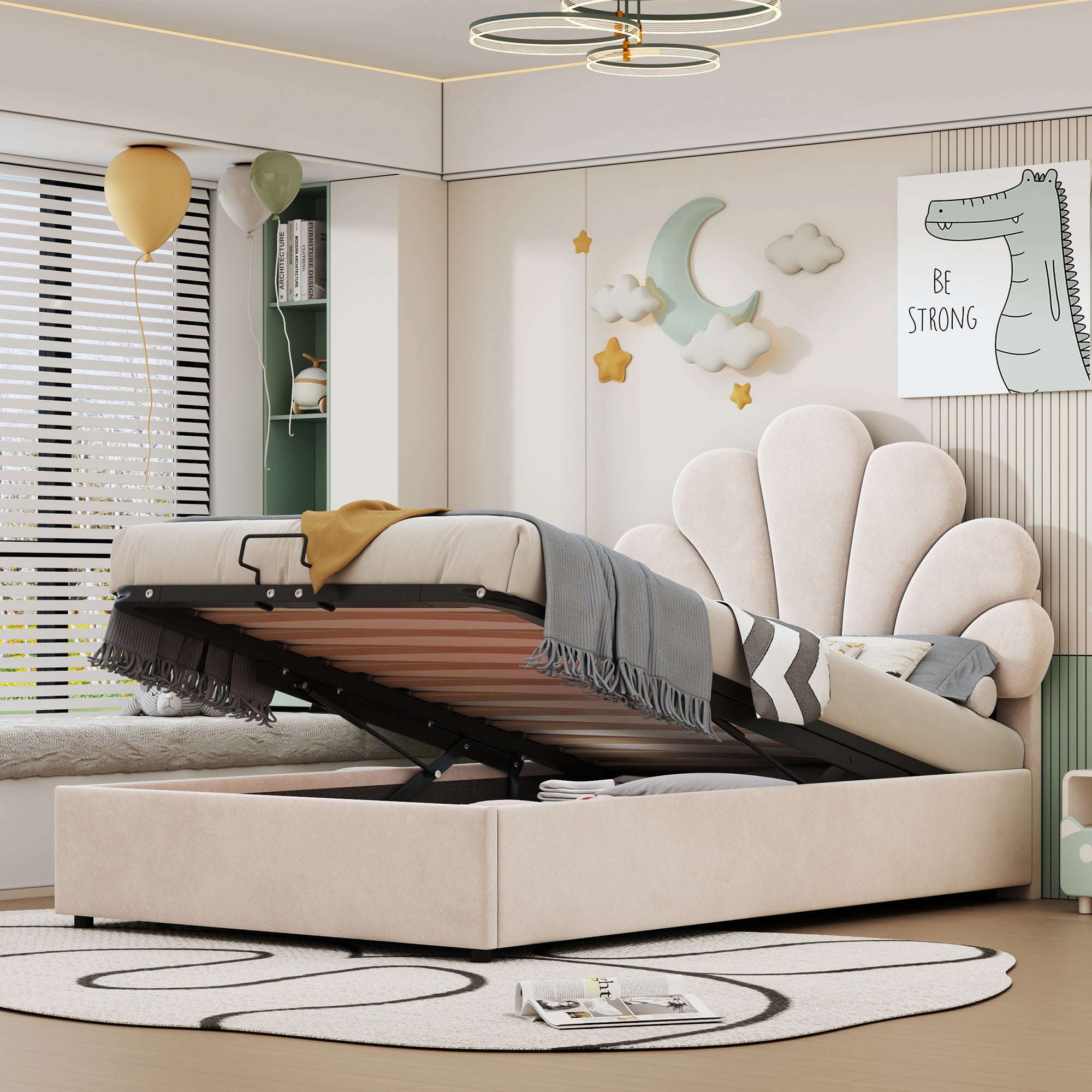 Upholstered Children's Bed 90x200cm Floral Hydraulic Storage Velvet Beige