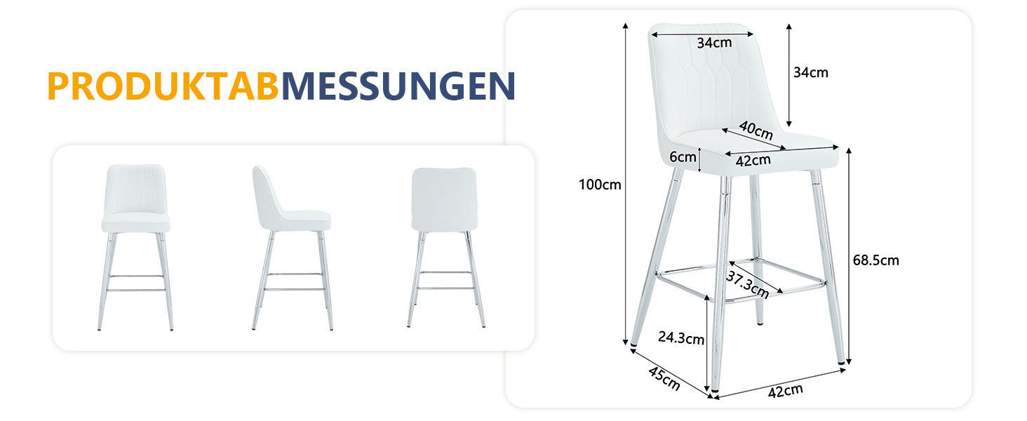 Set of 2 Bar Stools, 100cm High with Footrest, White PU Leather